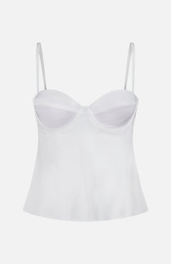 The Orlina Silk Camisole Top by L'AGENCE is a white satin bustier-style piece with underwire cups, slender straps, and a subtly flared hem, shown against a plain white background.