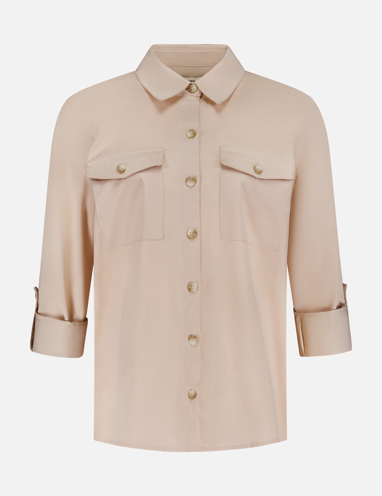 The L'AGENCE Pearson Military Pocket Blouse features a beige poplin fabric, collared neckline, two front chest pockets, and long sleeves rolled to three-quarter length, displayed on a white background.