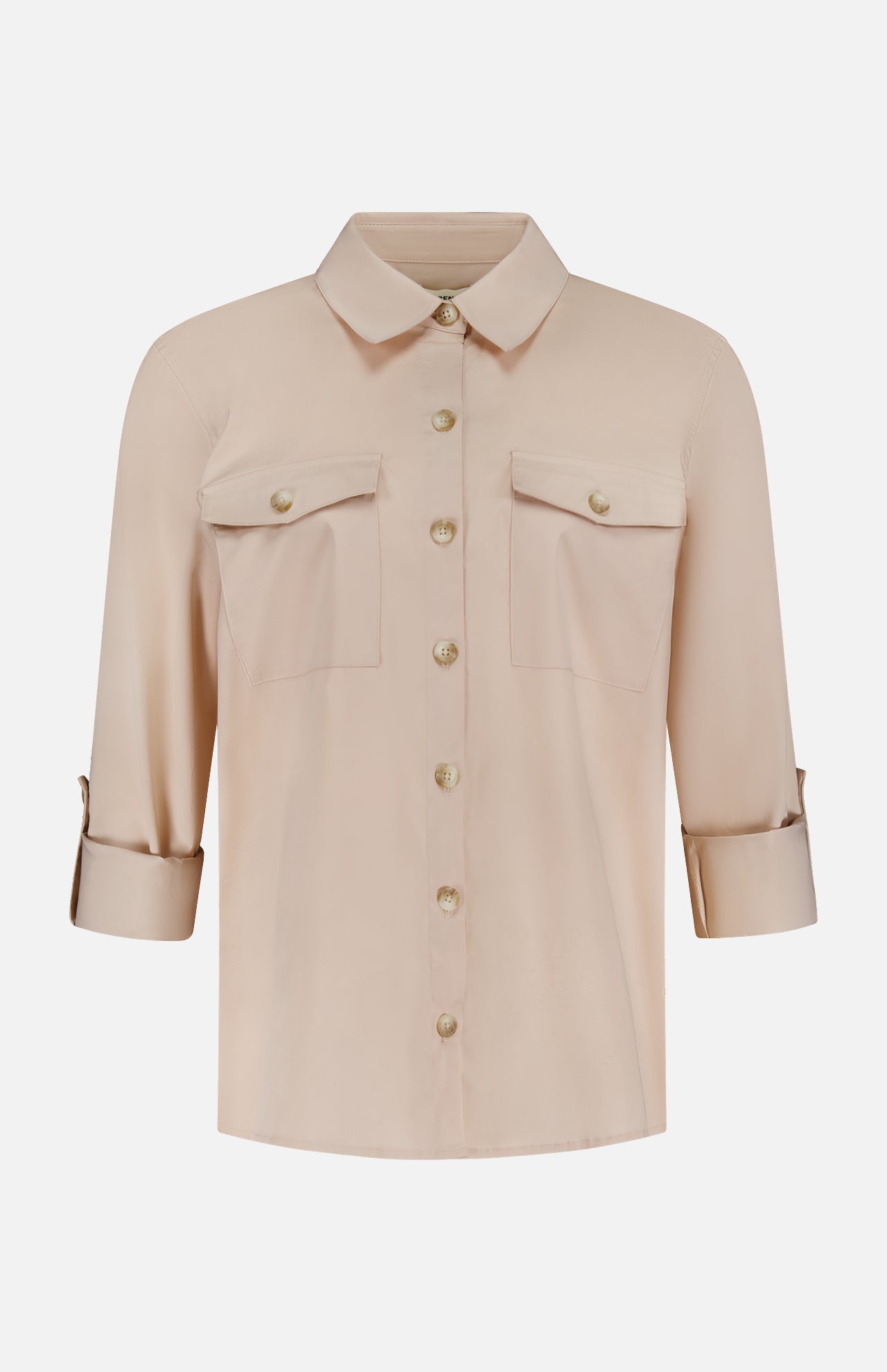 The L'AGENCE Pearson Military Pocket Blouse features a beige poplin fabric, collared neckline, two front chest pockets, and long sleeves rolled to three-quarter length, displayed on a white background.