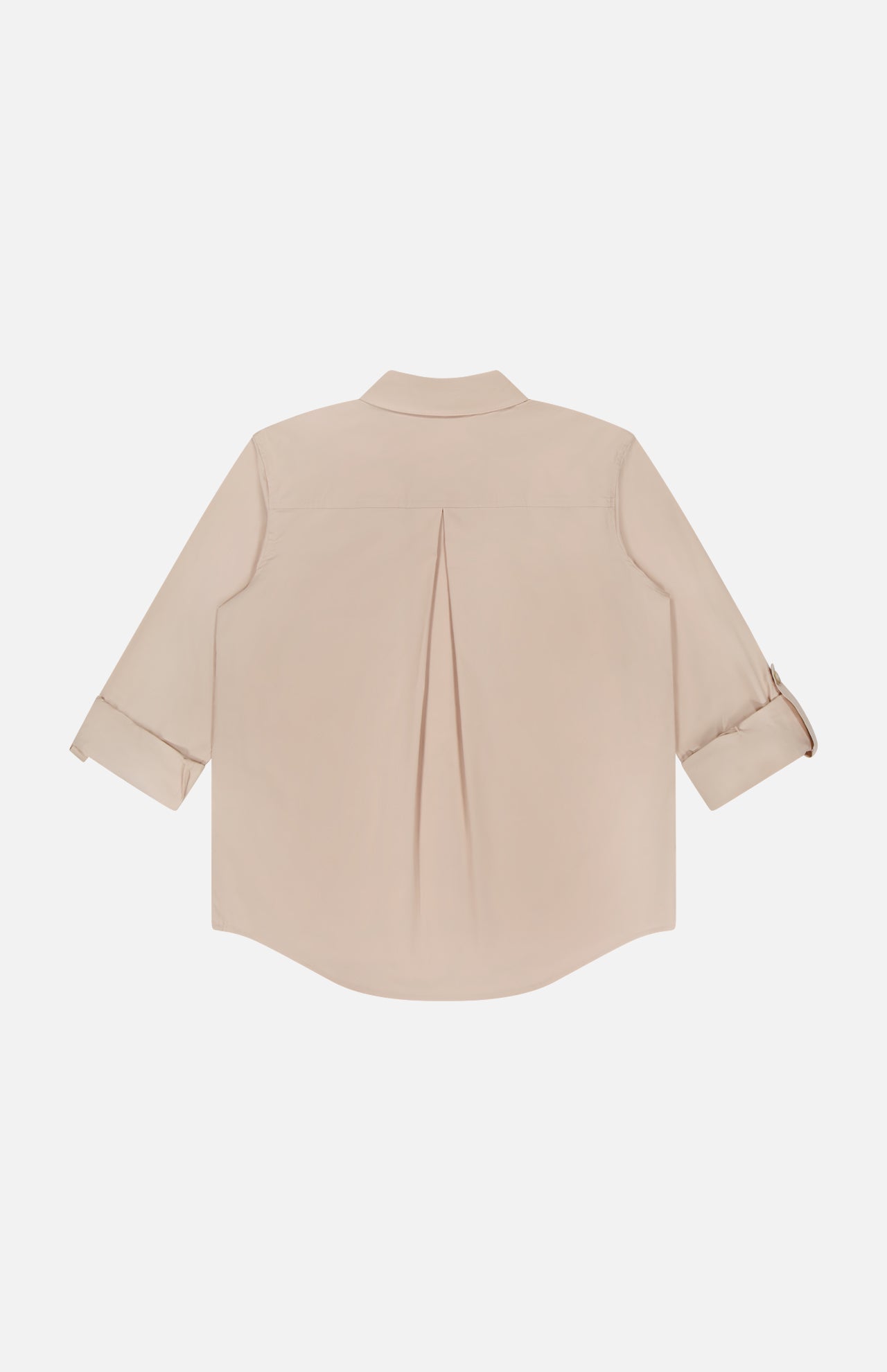 The L'AGENCE Pearson Military Pocket Blouse in beige poplin is shown flat with the back facing up, featuring a center pleat and partially rolled sleeves.