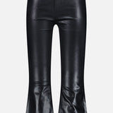 The Petite Kendra High Rise Crop Flare in Noir by L’AGENCE features black coated denim with a sleek leather-like shine, front pockets, belt loops, and a raw hem. Shown against a plain white background.