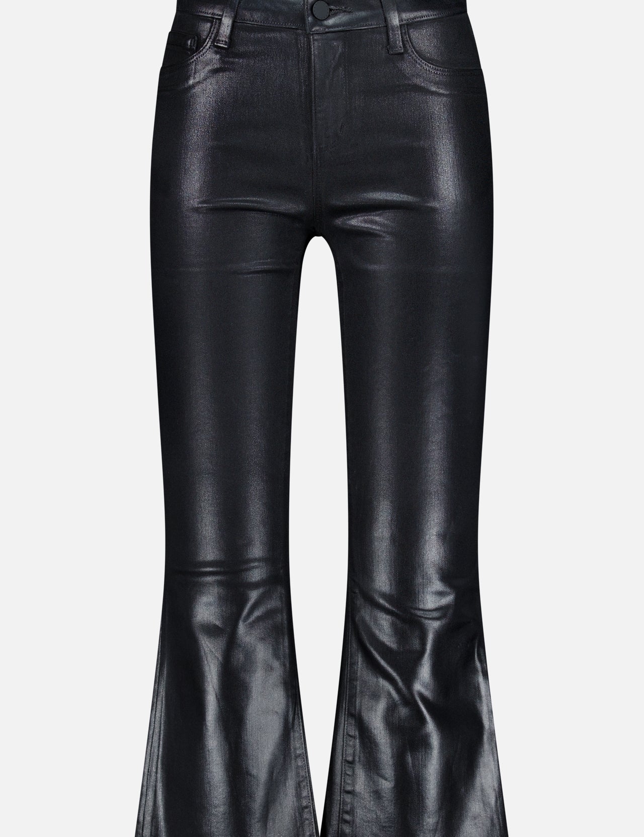 The Petite Kendra High Rise Crop Flare in Noir by L’AGENCE features black coated denim with a sleek leather-like shine, front pockets, belt loops, and a raw hem. Shown against a plain white background.