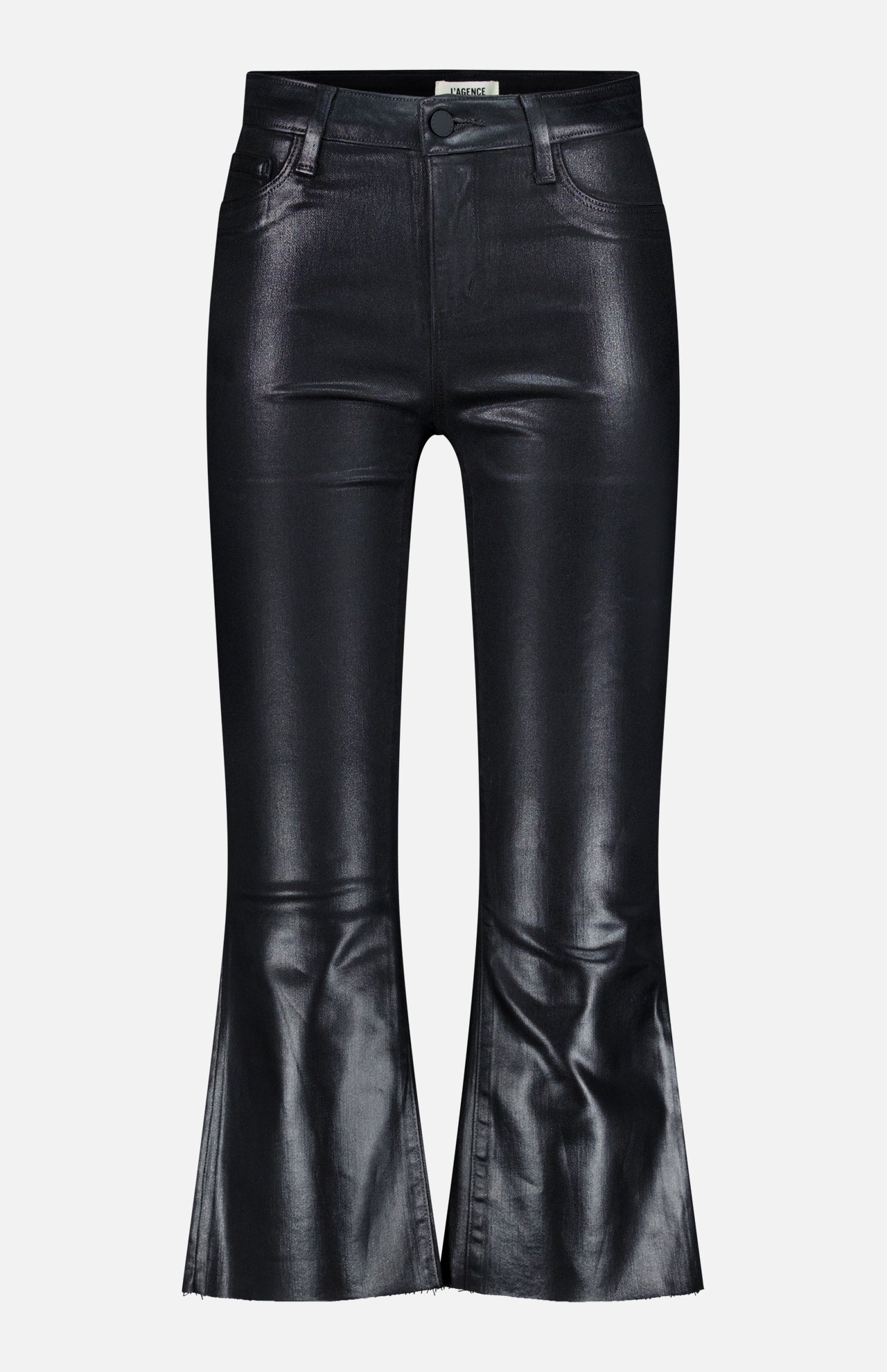 The Petite Kendra High Rise Crop Flare in Noir by L’AGENCE features black coated denim with a sleek leather-like shine, front pockets, belt loops, and a raw hem. Shown against a plain white background.