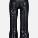 Back view of the L’AGENCE Petite Kendra High Rise Crop Flare in Noir, a black coated denim pant with a cropped flare silhouette, two back pockets, visible seams, a high-shine finish, and subtly frayed hems.
