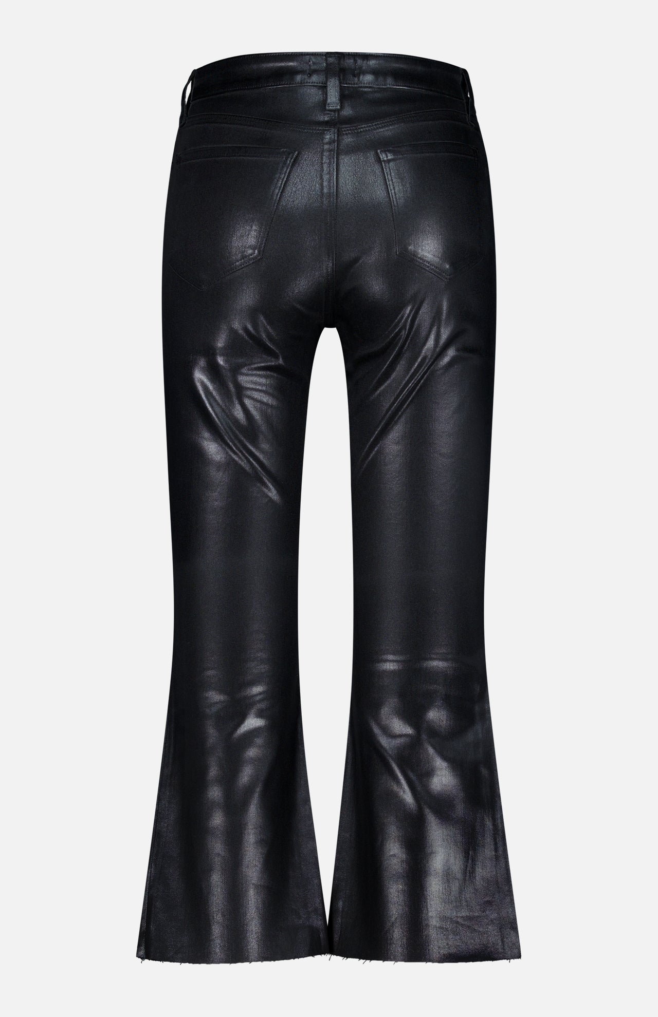 Back view of the L’AGENCE Petite Kendra High Rise Crop Flare in Noir, a black coated denim pant with a cropped flare silhouette, two back pockets, visible seams, a high-shine finish, and subtly frayed hems.