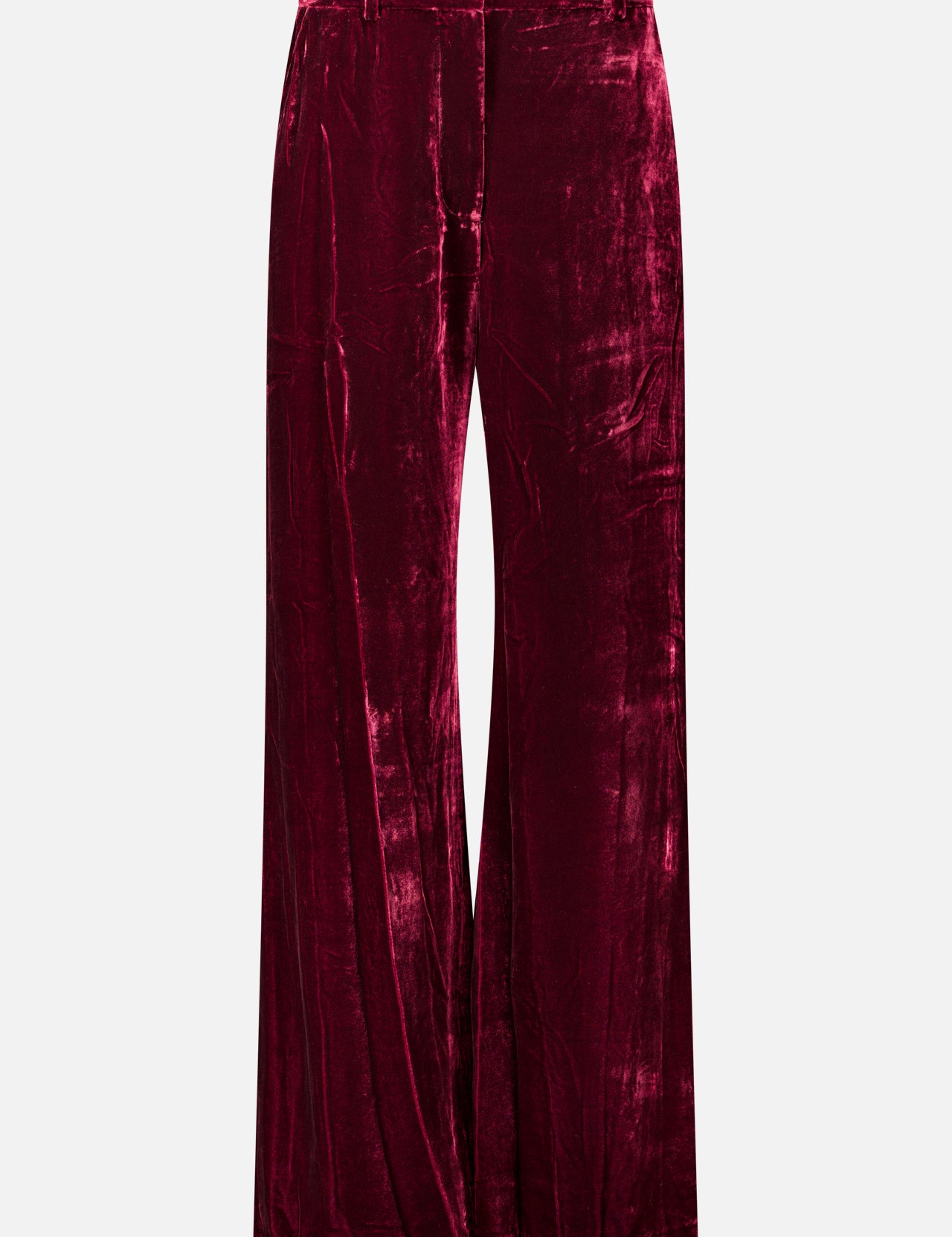Deep red Pilar Wide Leg Velvet Trousers with a high-rise, wide-leg silhouette and belt loops.