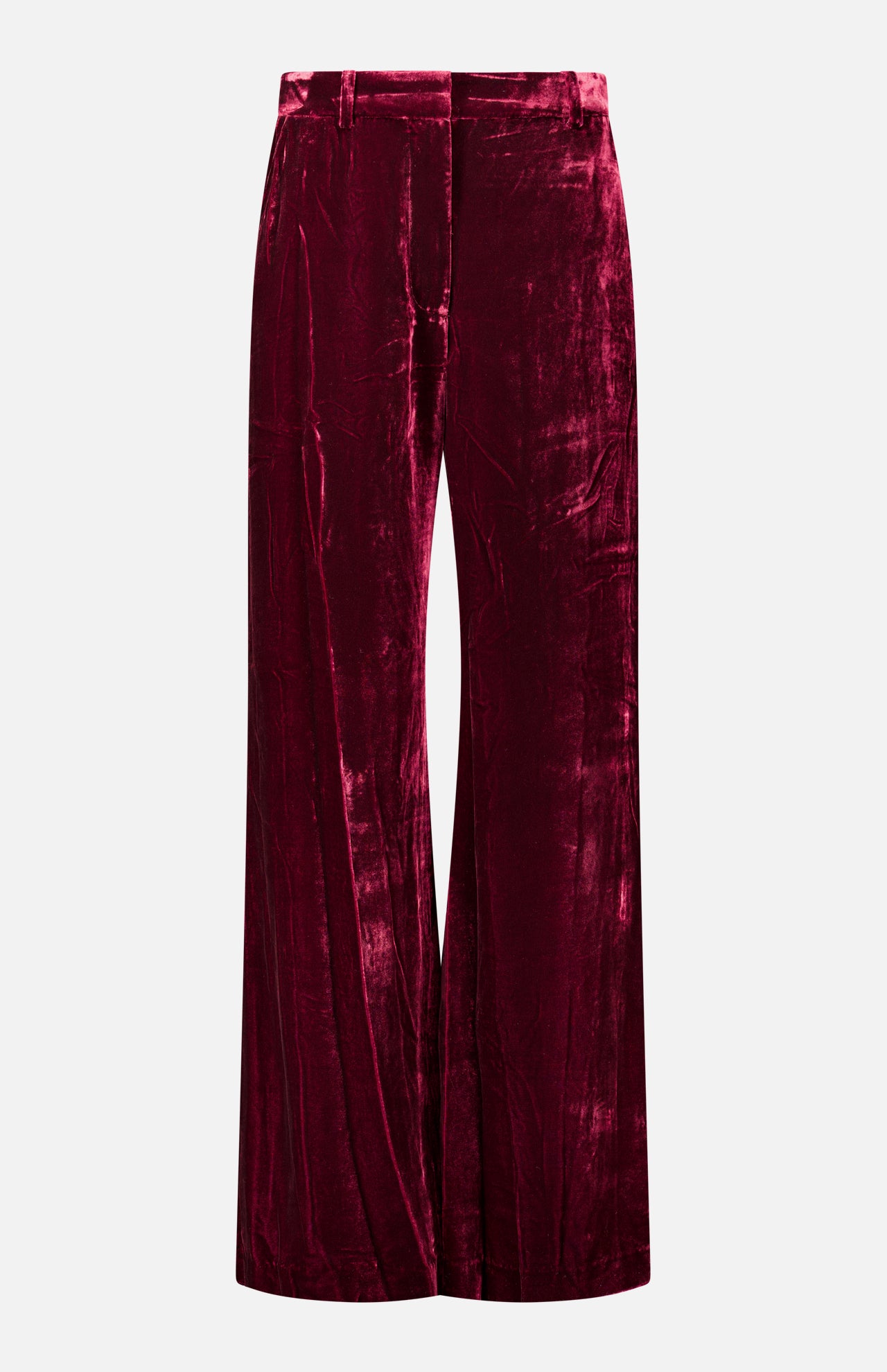 Deep red Pilar Wide Leg Velvet Trousers with a high-rise, wide-leg silhouette and belt loops.