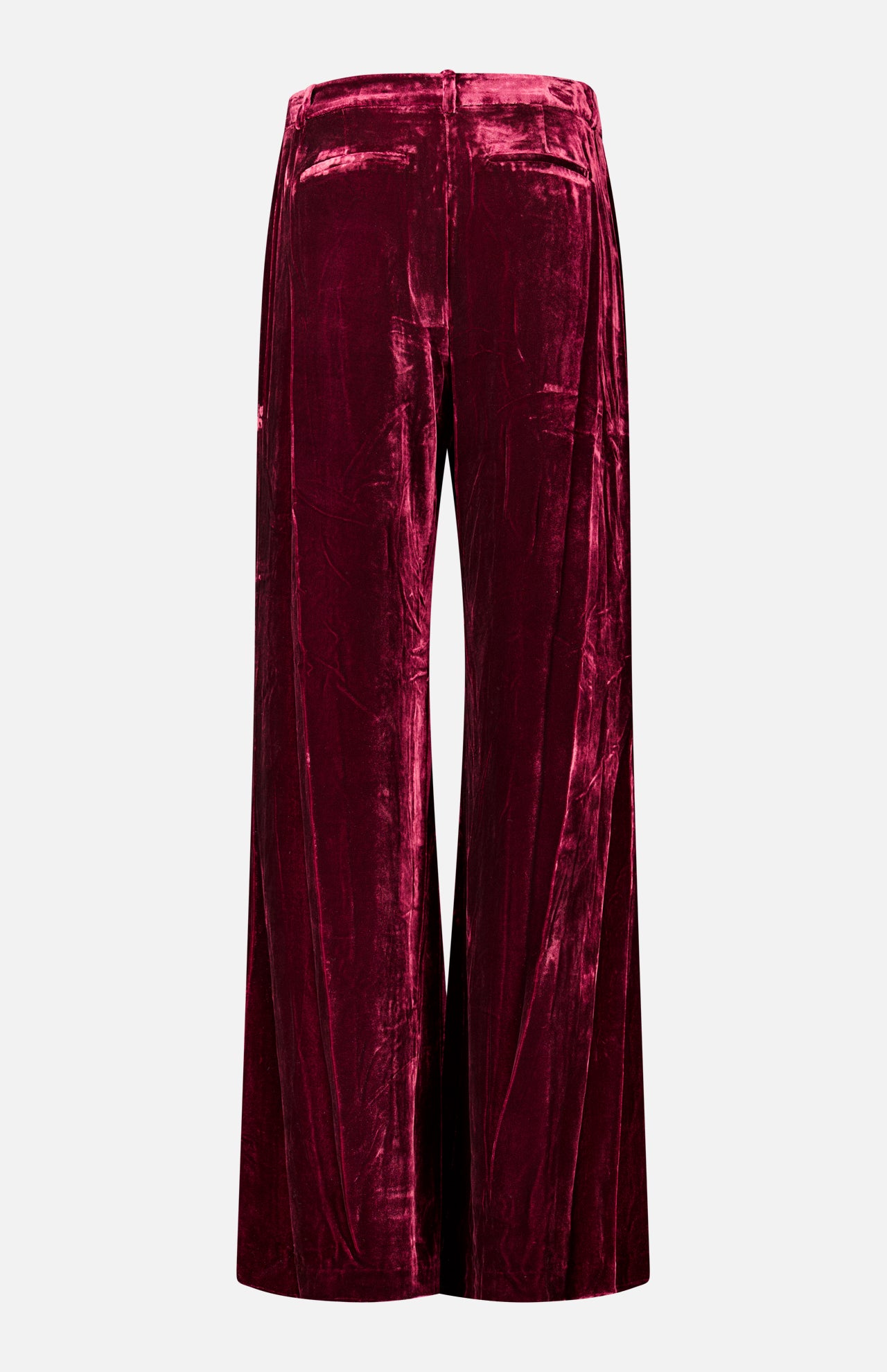 Back view of deep red velvet Pilar Wide Leg Velvet Trouser.