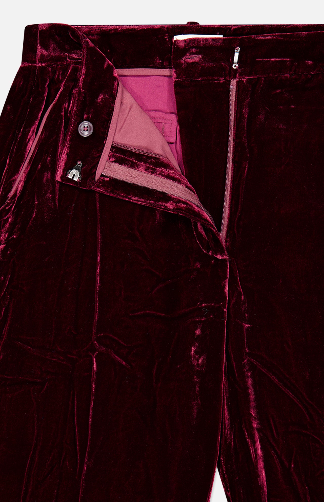 L’Agence Pilar Wide Leg Velvet Trouser in deep red with a high-rise, wide-leg silhouette, front zipper fly, and button closure.