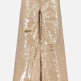 The Quincy Sequin High Rise Wide Leg Pant by L’AGENCE features beige sequin fabric, front thigh distressing, button and zip closure, and belt loops.