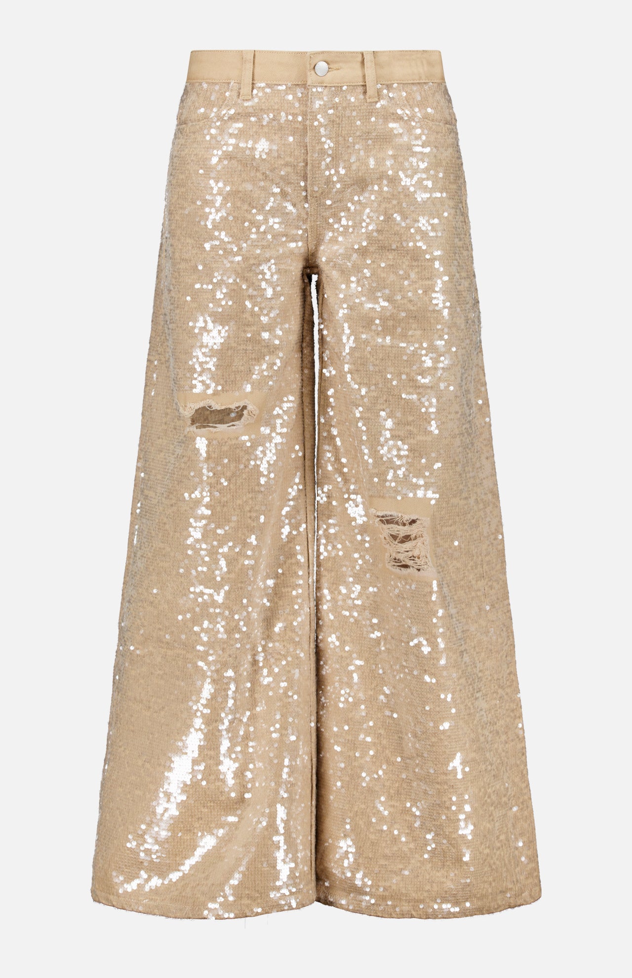 The Quincy Sequin High Rise Wide Leg Pant by L’AGENCE features beige sequin fabric, front thigh distressing, button and zip closure, and belt loops.