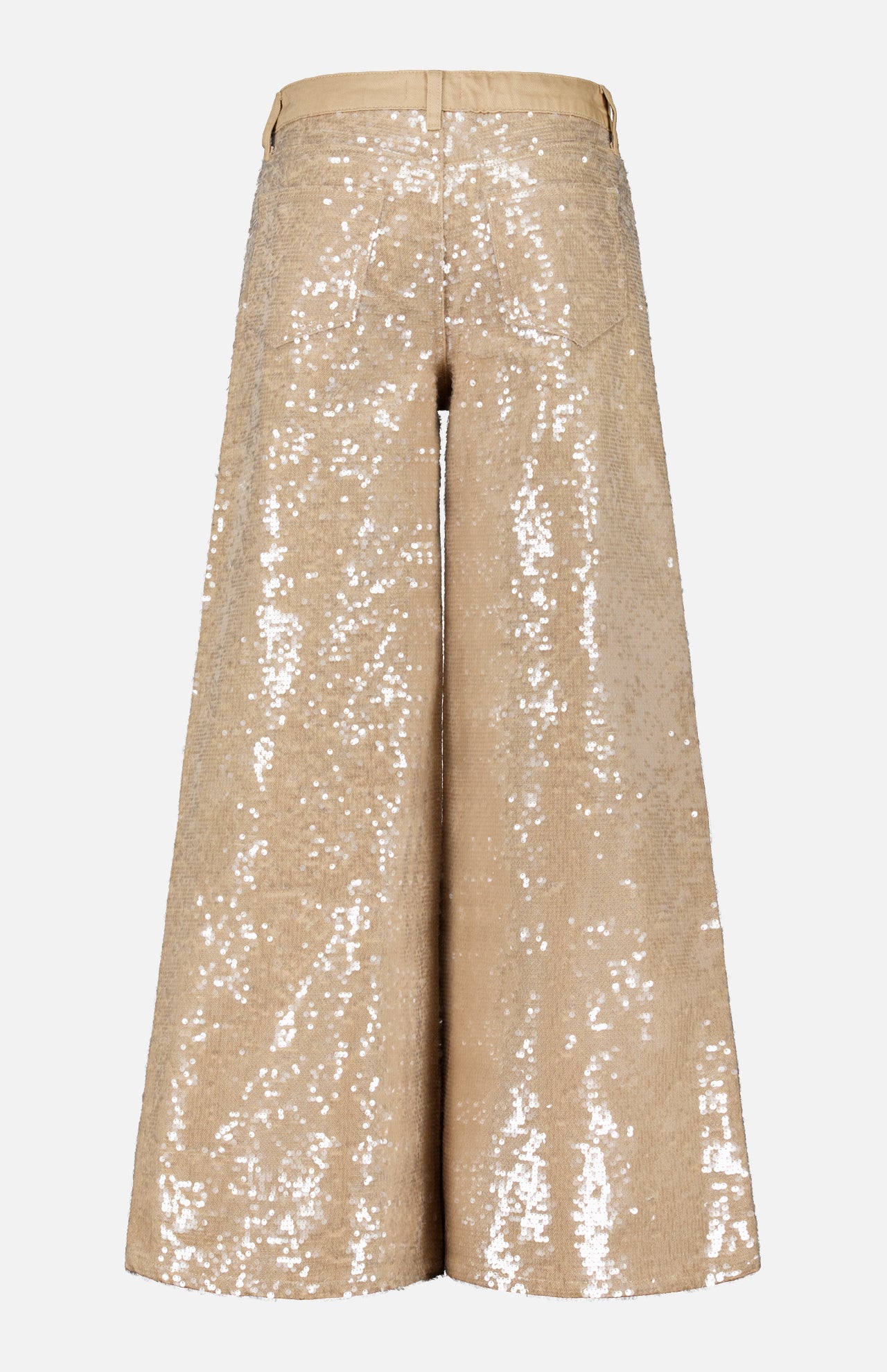 The Quincy Sequin High Rise Wide Leg Pant by L’AGENCE features a fully sequined beige design with statement wide legs, shown from the back against a plain white background.