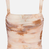 L'AGENCE Rasha Shirred Abstract Print Tank, featuring a square neckline, stretch mesh fabric, and front ruched details, displayed on a plain white background.