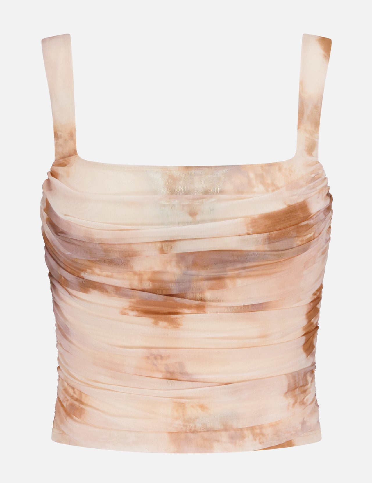 L'AGENCE Rasha Shirred Abstract Print Tank, featuring a square neckline, stretch mesh fabric, and front ruched details, displayed on a plain white background.