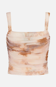 L'AGENCE Rasha Shirred Abstract Print Tank, featuring a square neckline, stretch mesh fabric, and front ruched details, displayed on a plain white background.