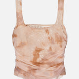 The L’AGENCE Rasha Shirred Abstract Print Tank is a sleeveless, square-neck top in stretch mesh with ruched sides and a semi-sheer layered design, featuring an abstract light beige and brown print.