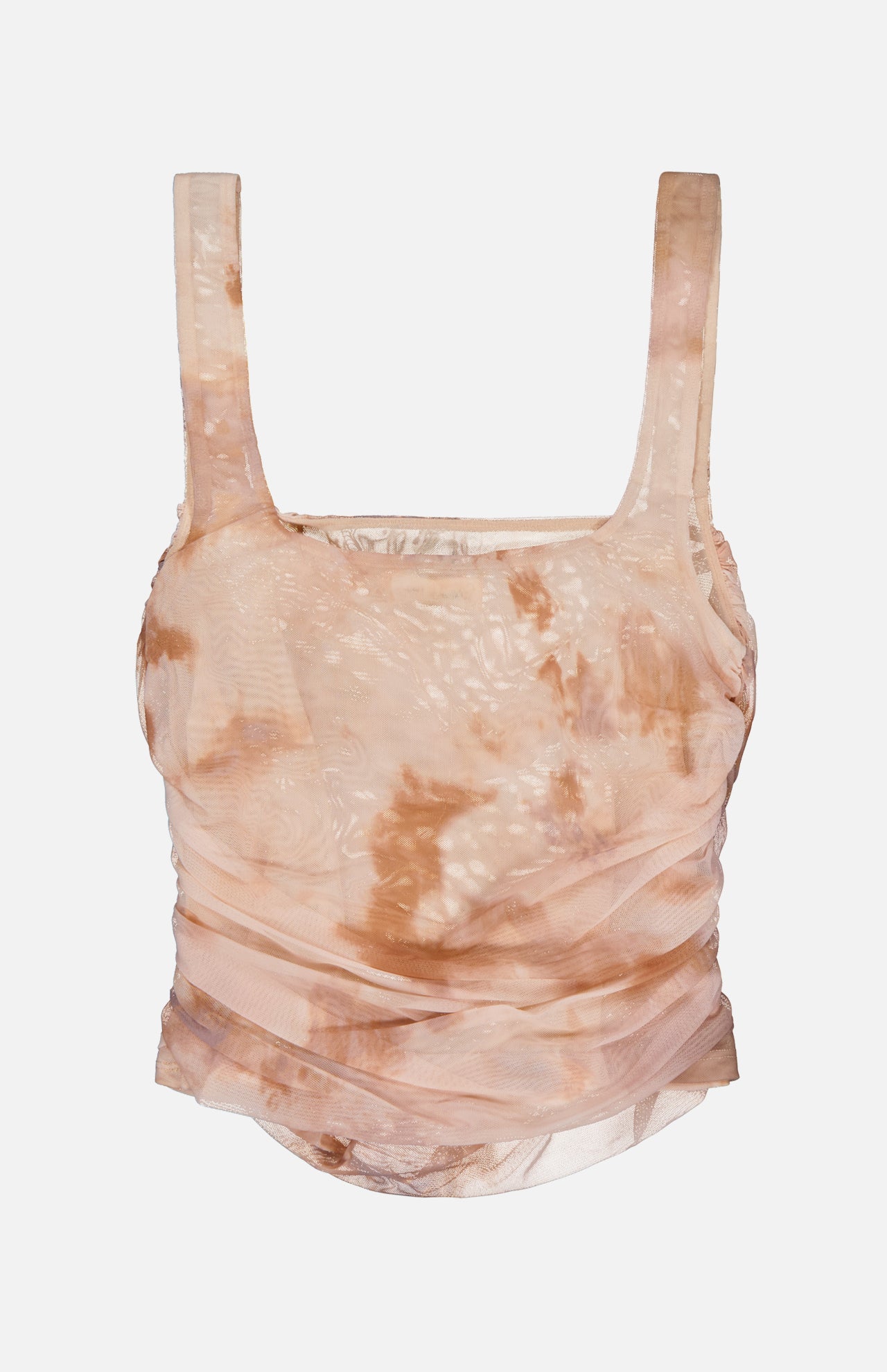 The L’AGENCE Rasha Shirred Abstract Print Tank is a sleeveless, square-neck top in stretch mesh with ruched sides and a semi-sheer layered design, featuring an abstract light beige and brown print.