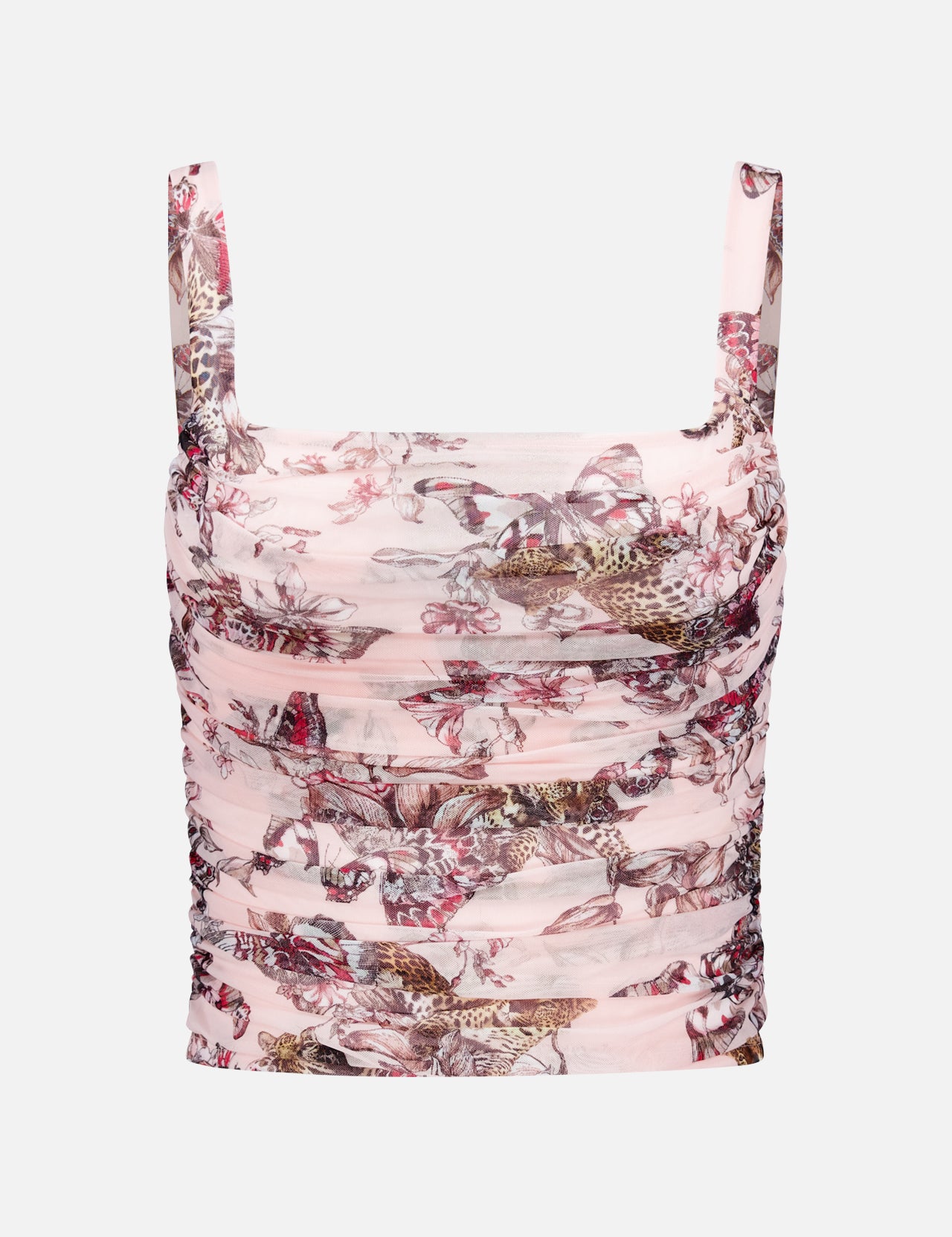 The L'AGENCE Rasha Shirred Tank Top is a sleeveless, stretch-mesh top with a square neckline, ruched detailing, and an all-over pink floral and bird print in pink, brown, and beige.