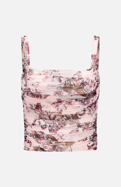 The L'AGENCE Rasha Shirred Tank Top is a sleeveless, stretch-mesh top with a square neckline, ruched detailing, and an all-over pink floral and bird print in pink, brown, and beige.