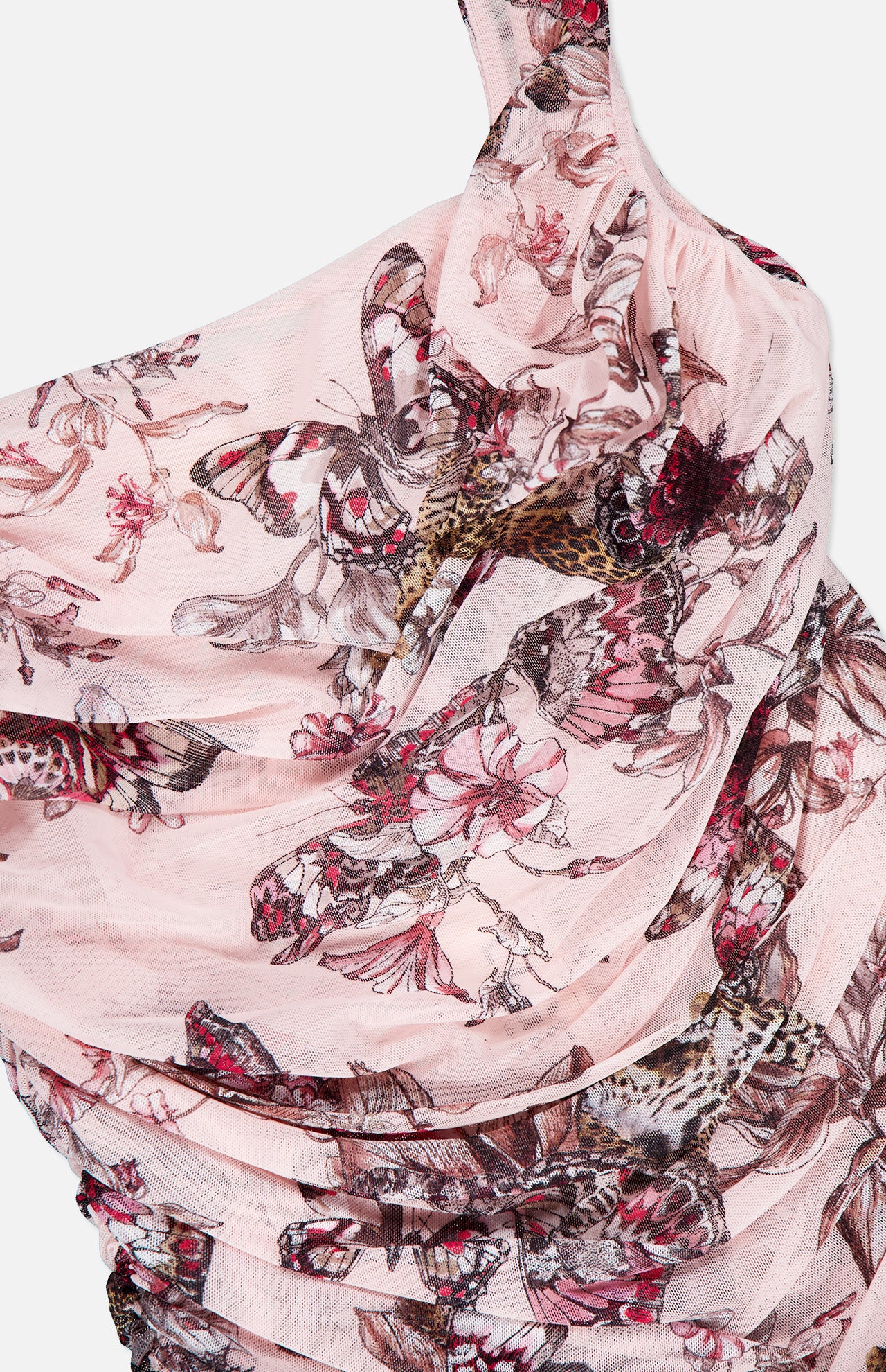 The L'AGENCE Rasha Shirred Tank Top features soft, sheer stretch-mesh with a delicate butterfly, moth, and flower print in black, brown, and red—perfect for adding charm to any square neckline.