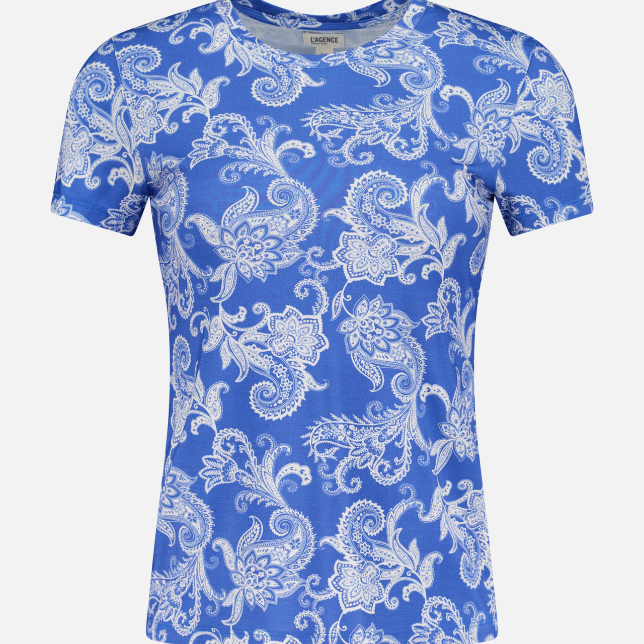 The Ressi Short Sleeve Paisley T-shirt by L'AGENCE is a slim fit, crew-neck tee in blue and ivory, featuring an intricate white paisley pattern.