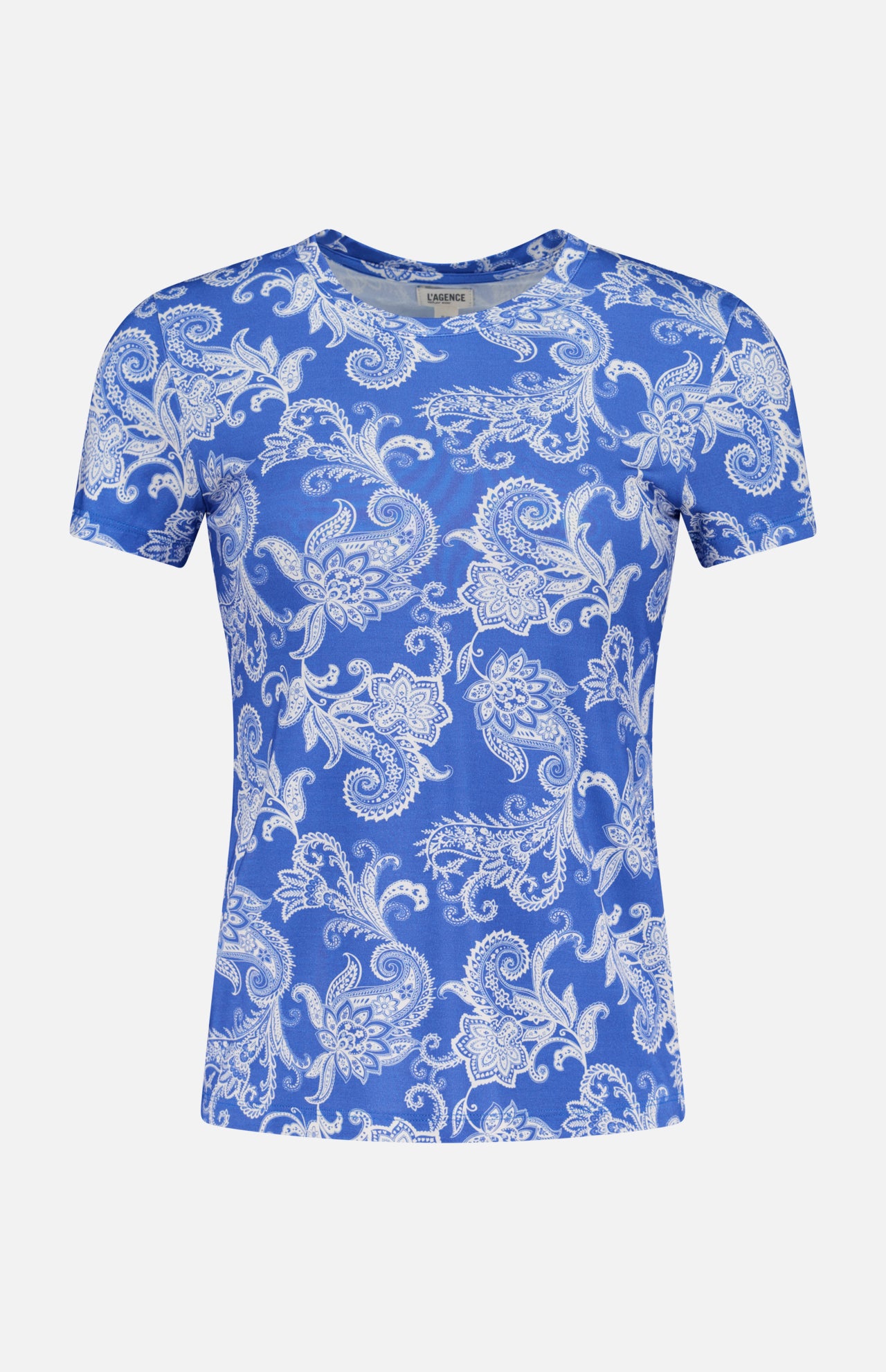 The Ressi Short Sleeve Paisley T-shirt by L'AGENCE is a slim fit, crew-neck tee in blue and ivory, featuring an intricate white paisley pattern.
