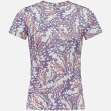 The L'AGENCE Ressi Short Sleeve Crewneck Butterfly T-Shirt is a slim fit, made in the USA, featuring a purple, white, and pink abstract floral pattern on a plain white background.