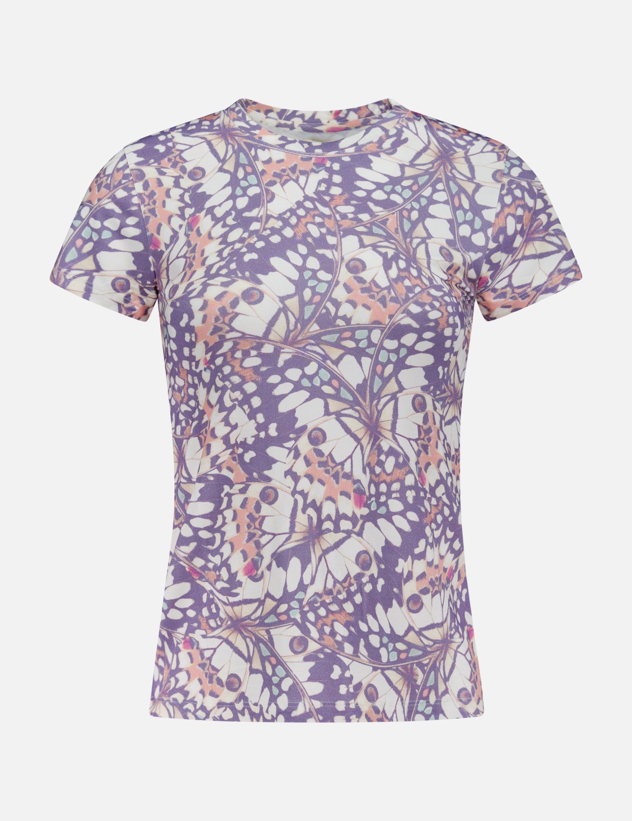 The L'AGENCE Ressi Short Sleeve Crewneck Butterfly T-Shirt is a slim fit, made in the USA, featuring a purple, white, and pink abstract floral pattern on a plain white background.