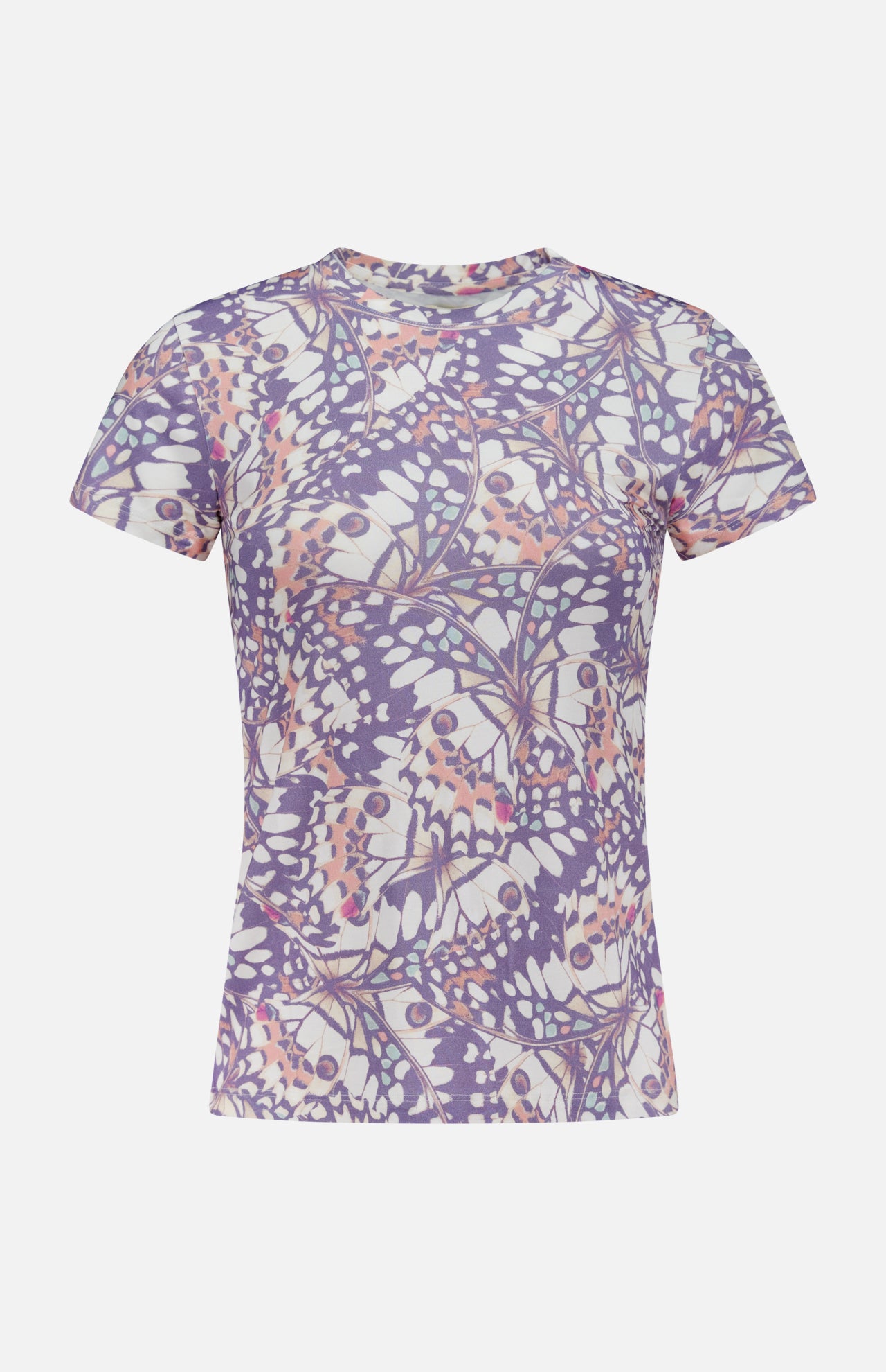 The L'AGENCE Ressi Short Sleeve Crewneck Butterfly T-Shirt is a slim fit, made in the USA, featuring a purple, white, and pink abstract floral pattern on a plain white background.