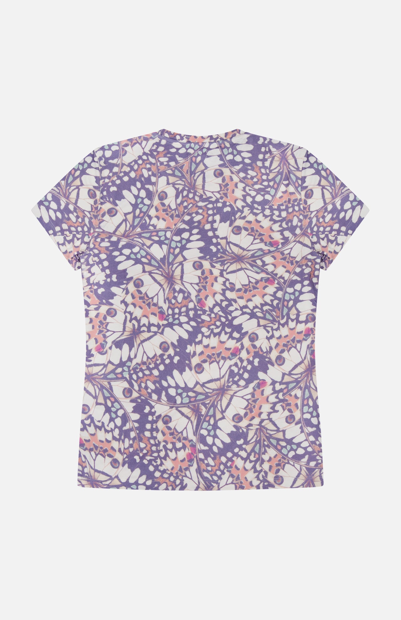 The L'AGENCE Ressi Short Sleeve Crewneck Butterfly T-Shirt, slim fit with an all-over purple, pink, and white butterfly and leaf print, is shown flat on a white background.