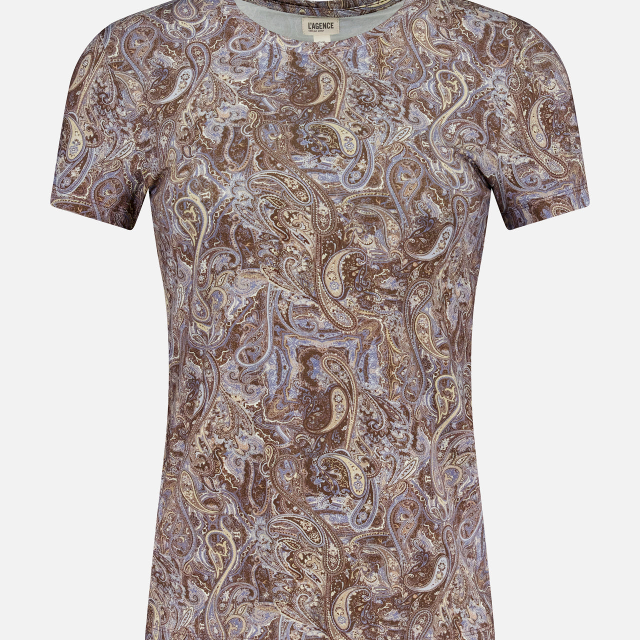 The Ressi Short Sleeve Ditsy Paisley Shirt by L'AGENCE features a slim fit and all-over brown, beige, and blue paisley print, showcased on a plain white background.