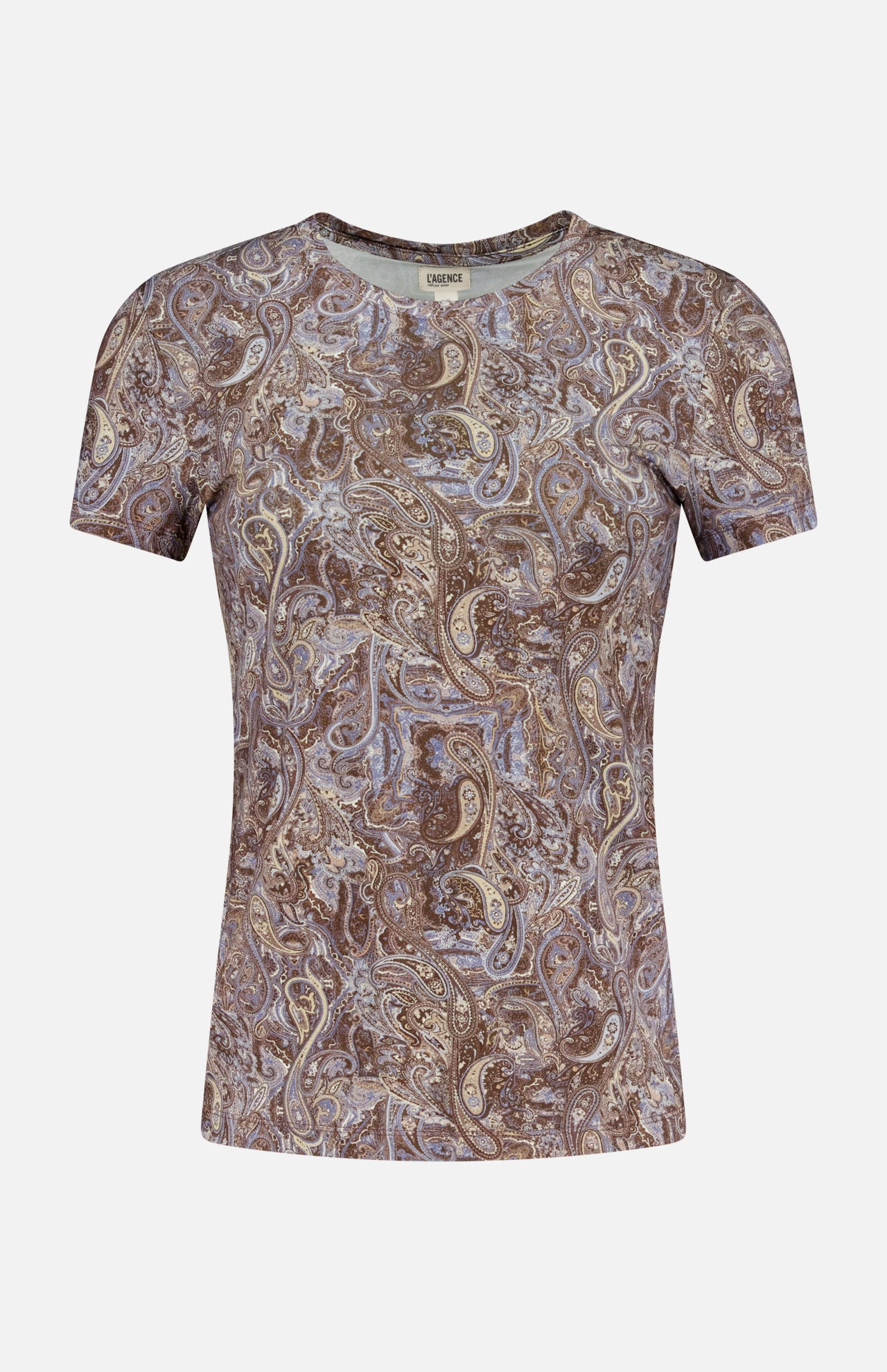 The Ressi Short Sleeve Ditsy Paisley Shirt by L'AGENCE features a slim fit and all-over brown, beige, and blue paisley print, showcased on a plain white background.