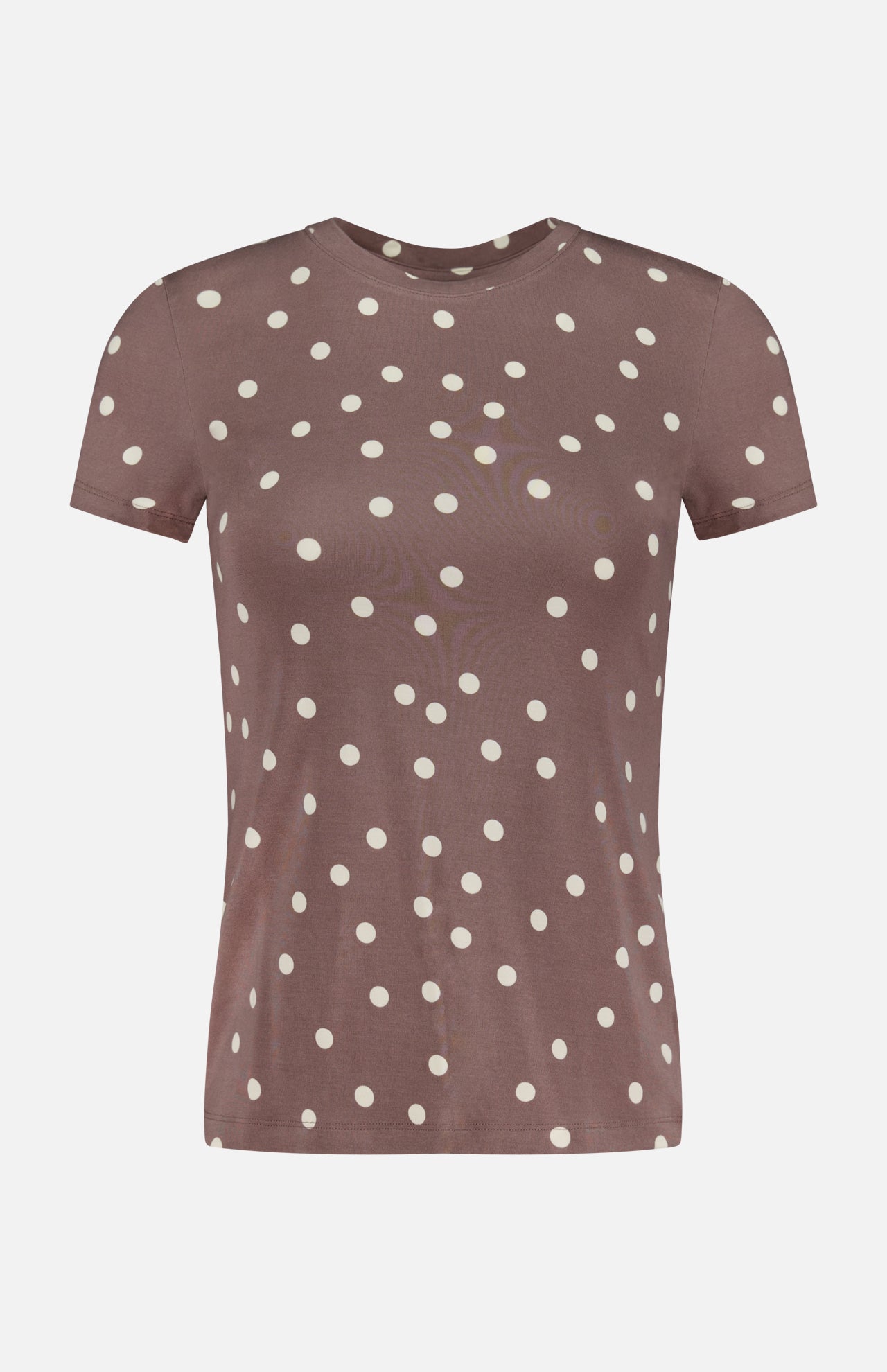 The Ressi Short Sleeve Crewneck Polka Dot T-shirt by L'AGENCE is a light brown, soft stretch jersey top with white polka dots and short sleeves.