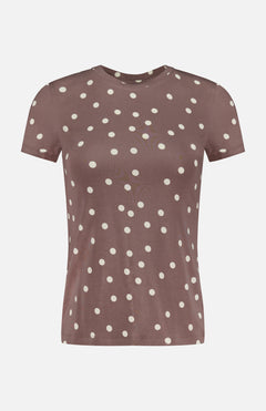 The Ressi Short Sleeve Crewneck Polka Dot T-shirt by L'AGENCE is a light brown, soft stretch jersey top with white polka dots and short sleeves.