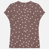 The L'AGENCE Ressi Short Sleeve Crewneck Polka Dot T-shirt is a light brown stretch jersey top with short sleeves, shown flat from the back against a white background.