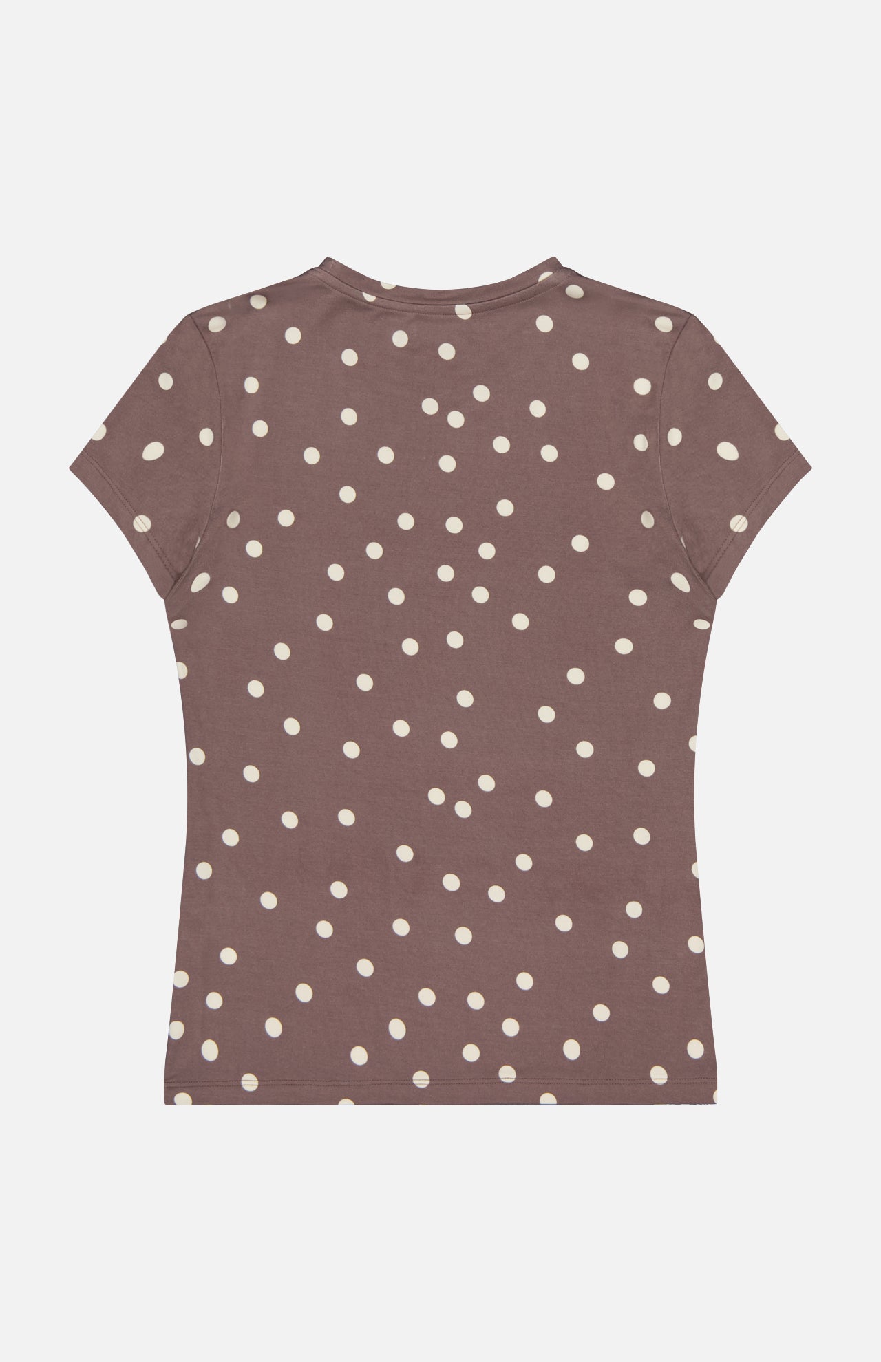 The L'AGENCE Ressi Short Sleeve Crewneck Polka Dot T-shirt is a light brown stretch jersey top with short sleeves, shown flat from the back against a white background.