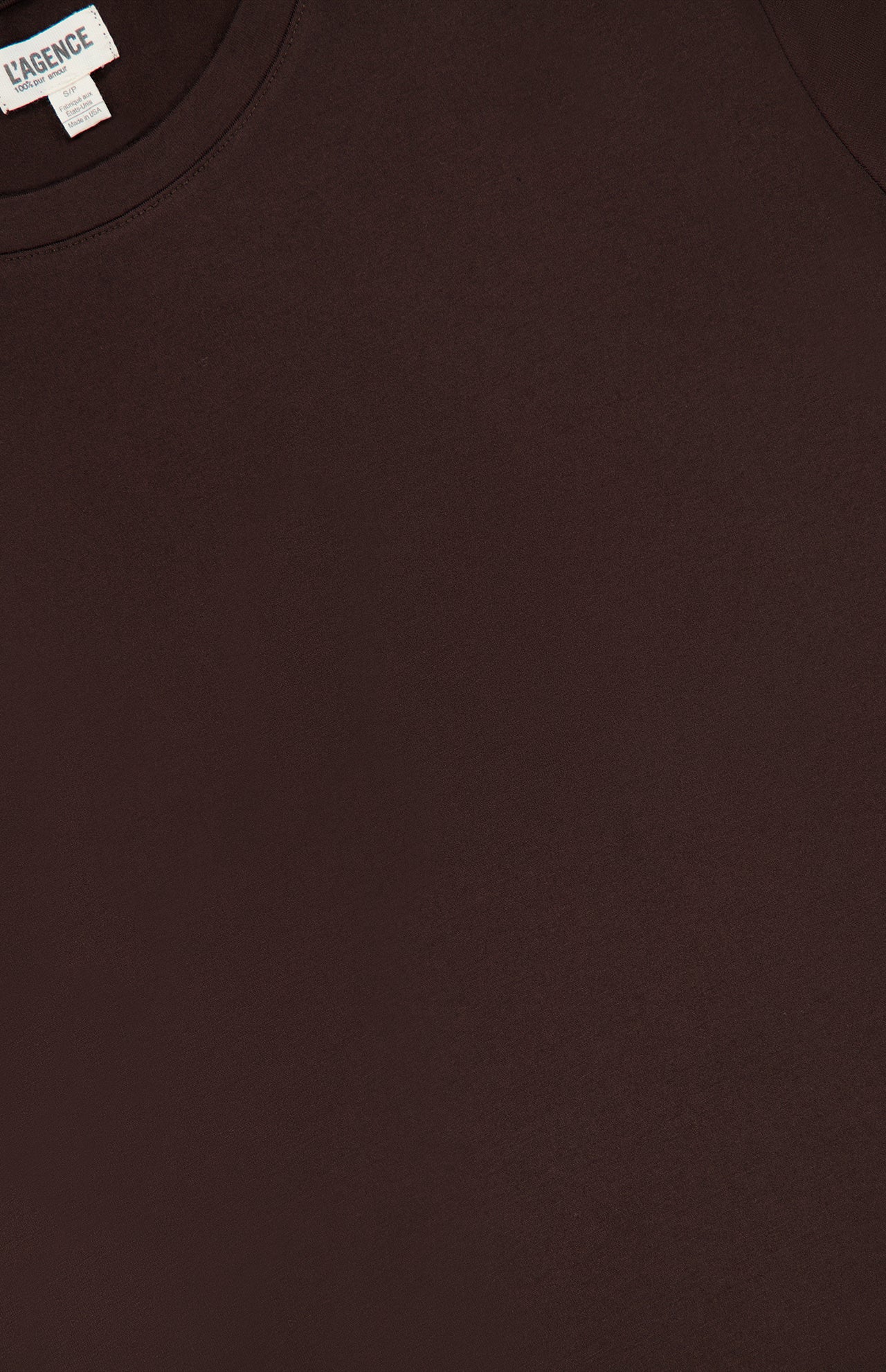 Close-up of a chocolate brown Ressi Short Sleeve Crewneck T-shirt.