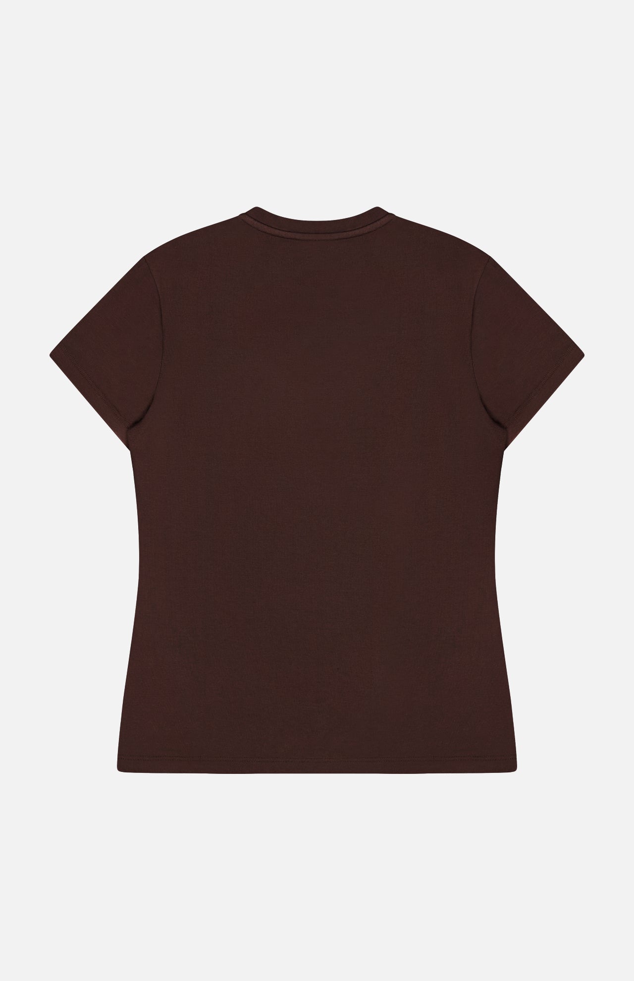 Back view of the chocolate brown L’Agence Ressi Short Sleeve Crewneck T-shirt with a plain, short-sleeve design.