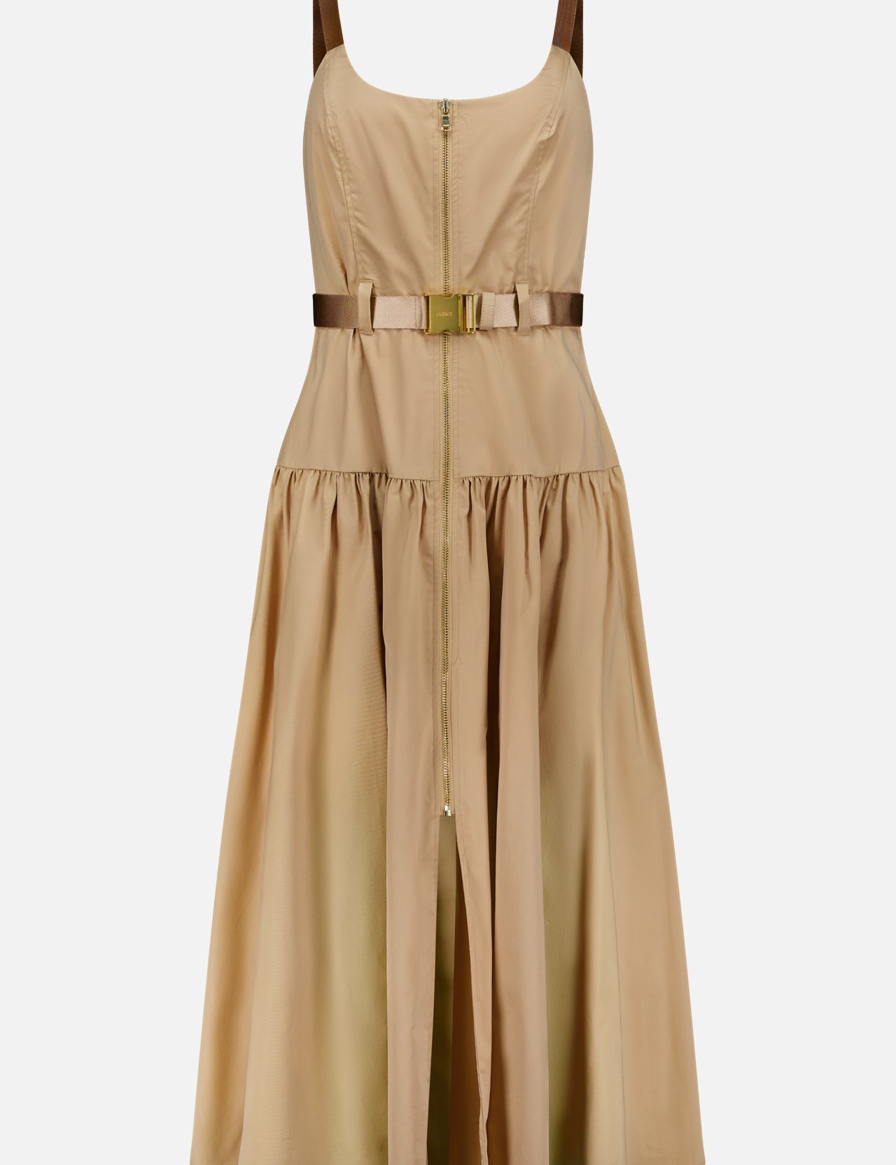 The Rima Belted Maxi Dress by L'AGENCE is a sleeveless light brown dress with a fitted bodice, front zipper, brown shoulder straps, gold-buckled waist belt, and a gathered knee-length skirt.