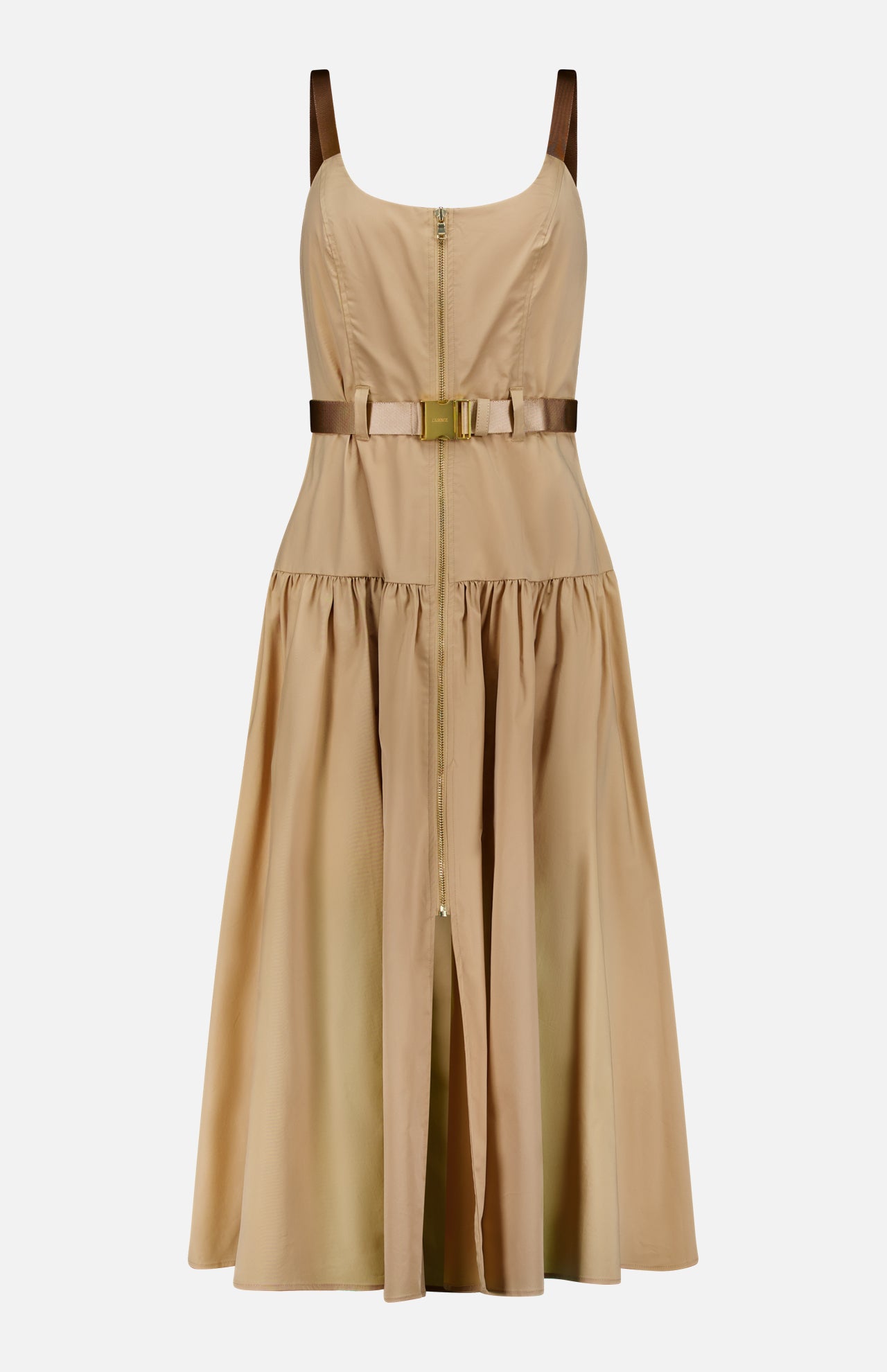 The Rima Belted Maxi Dress by L'AGENCE is a sleeveless light brown dress with a fitted bodice, front zipper, brown shoulder straps, gold-buckled waist belt, and a gathered knee-length skirt.