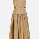 The Rima Belted Maxi Dress by L'AGENCE is a sleeveless, light brown maxi dress with wide shiny straps, a fitted bodice, gathered skirt, and ribbon belt at the waist—ideal for both casual and special occasions.