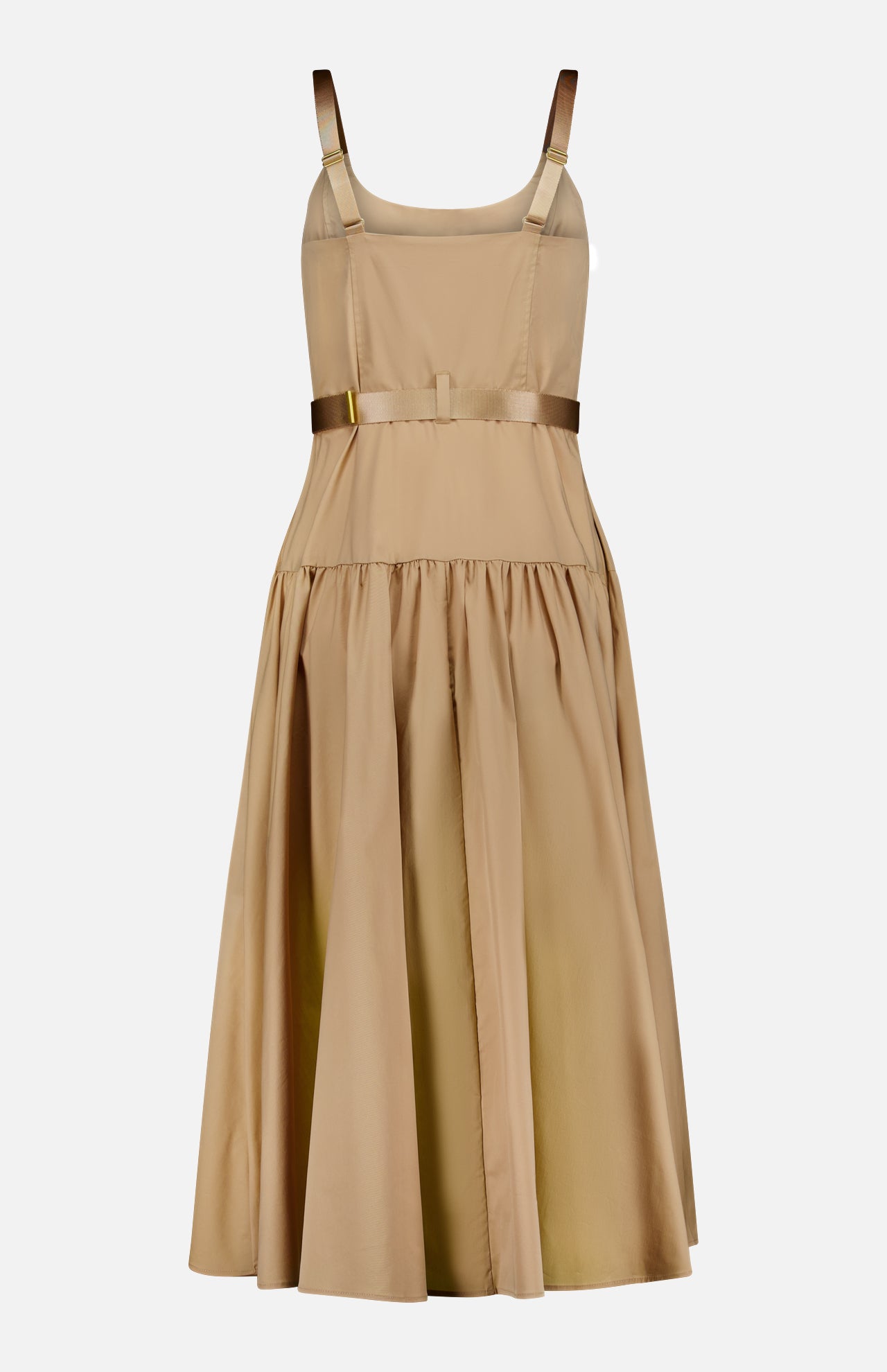 The Rima Belted Maxi Dress by L'AGENCE is a sleeveless, light brown maxi dress with wide shiny straps, a fitted bodice, gathered skirt, and ribbon belt at the waist—ideal for both casual and special occasions.