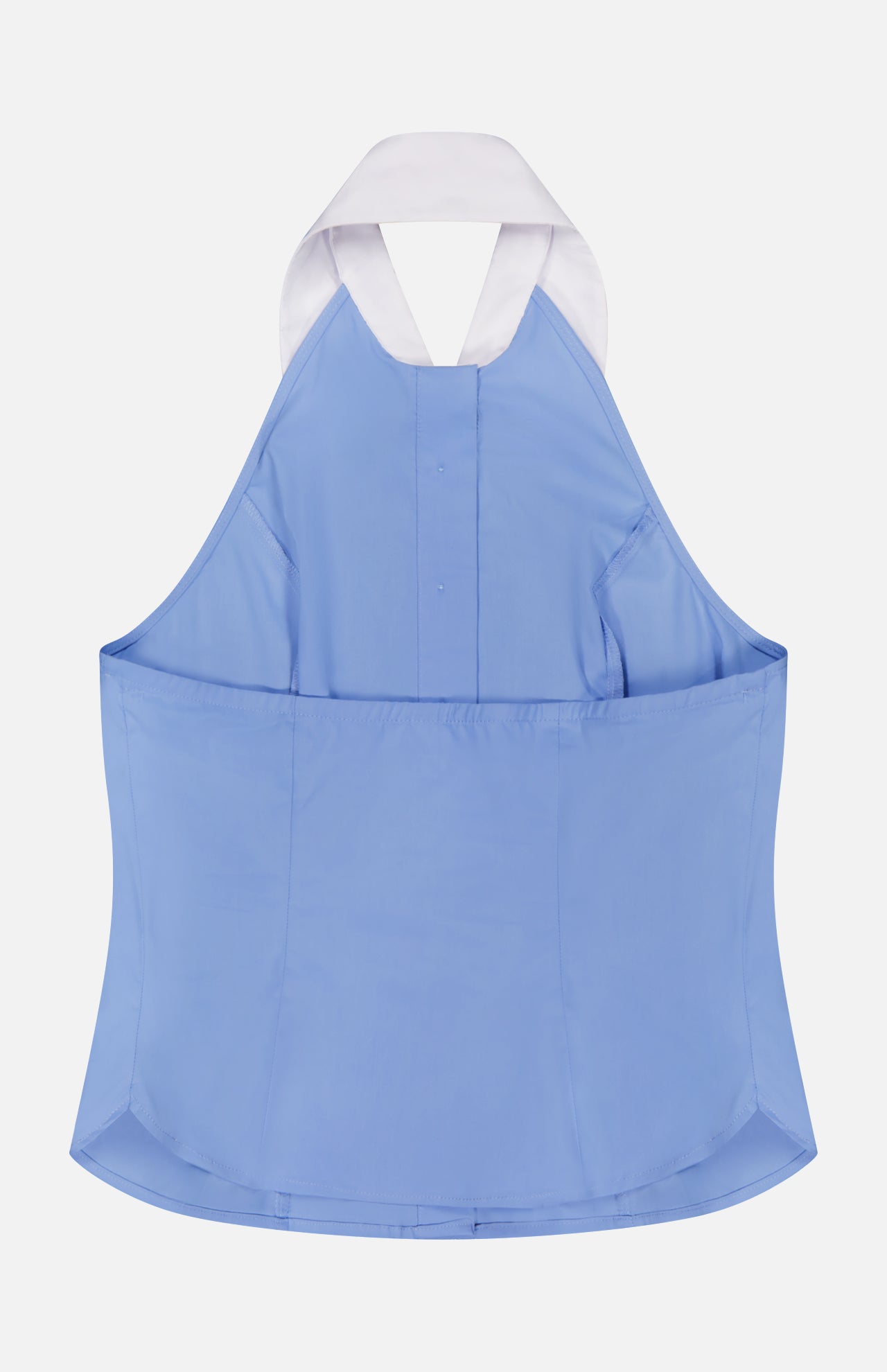 The Rina Collared Halter Top by L’AGENCE features a sleeveless, cornflower blue design with an open back, wide white neck strap, front button details, and straight hem for a modern take on the classic poplin shirt.