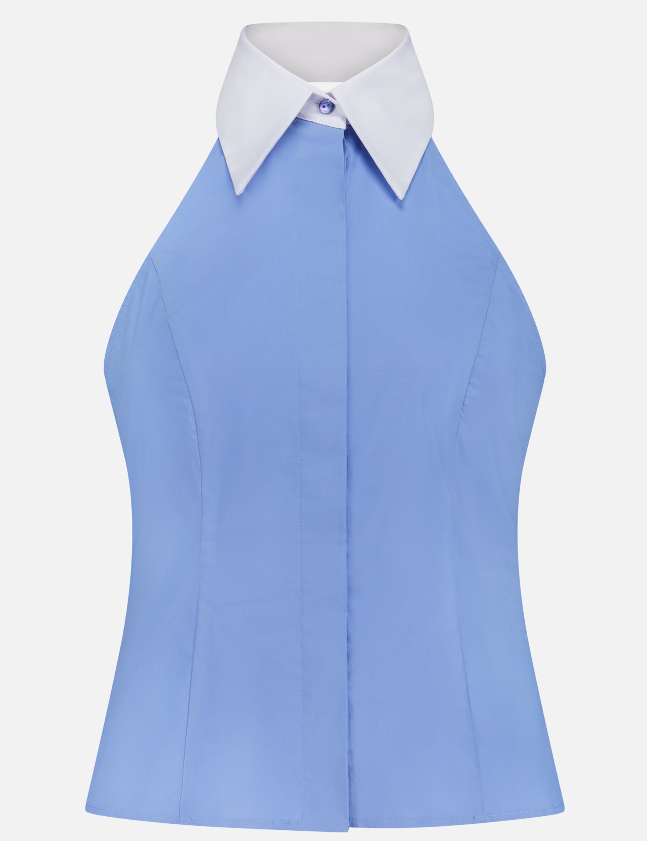 The Rina Collared Halter Top by L'AGENCE is a sleeveless cornflower blue poplin shirt with a fitted silhouette, contrasting white pointed collar, buttoned neck, open back, and tailored dress shirt-inspired style.