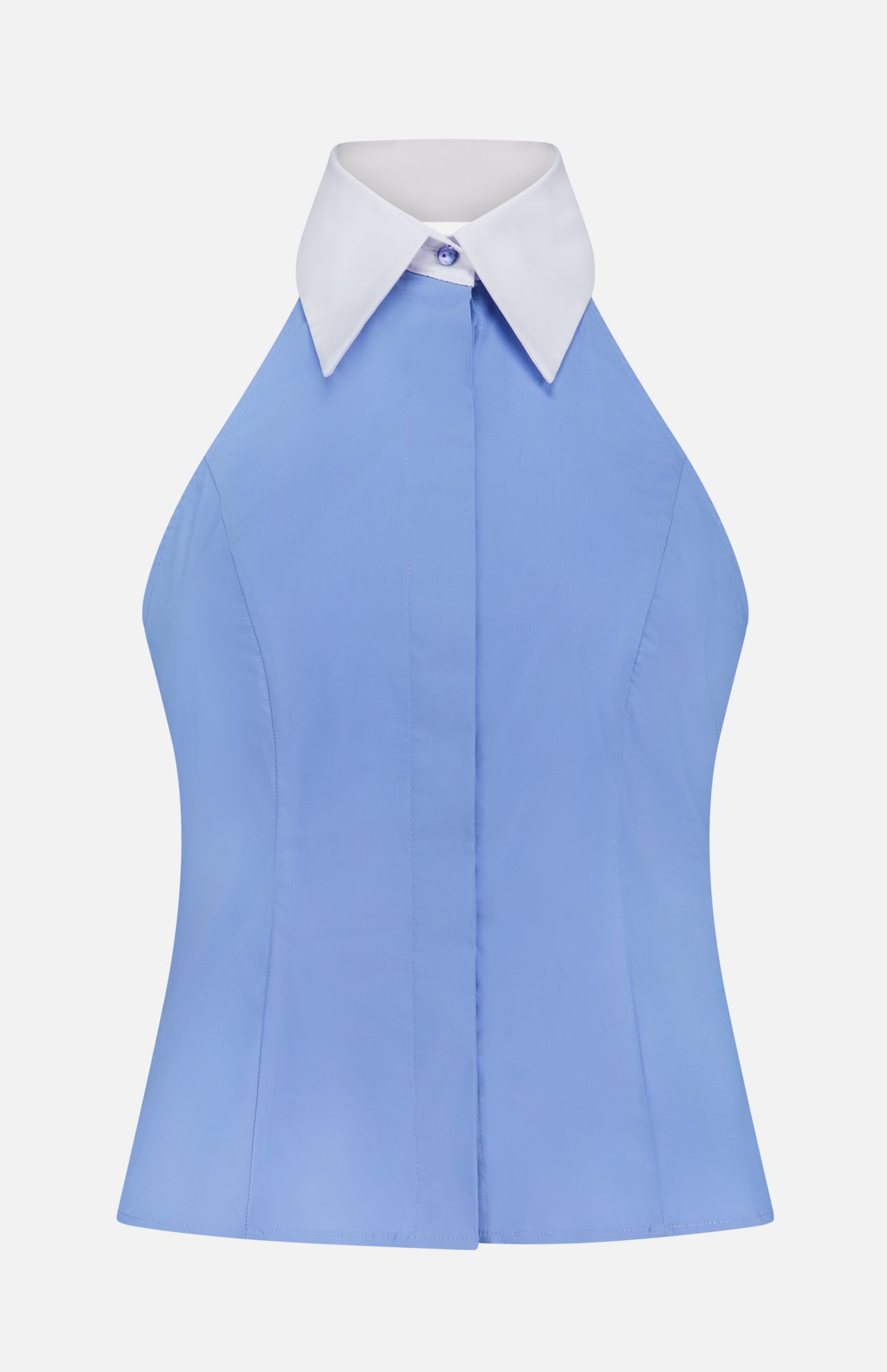 The Rina Collared Halter Top by L'AGENCE is a sleeveless cornflower blue poplin shirt with a fitted silhouette, contrasting white pointed collar, buttoned neck, open back, and tailored dress shirt-inspired style.