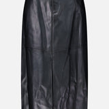 Black Robyn Aline Midi Skirt in vegan leather, featuring a high-waisted fit, a center front seam, and a front slit.