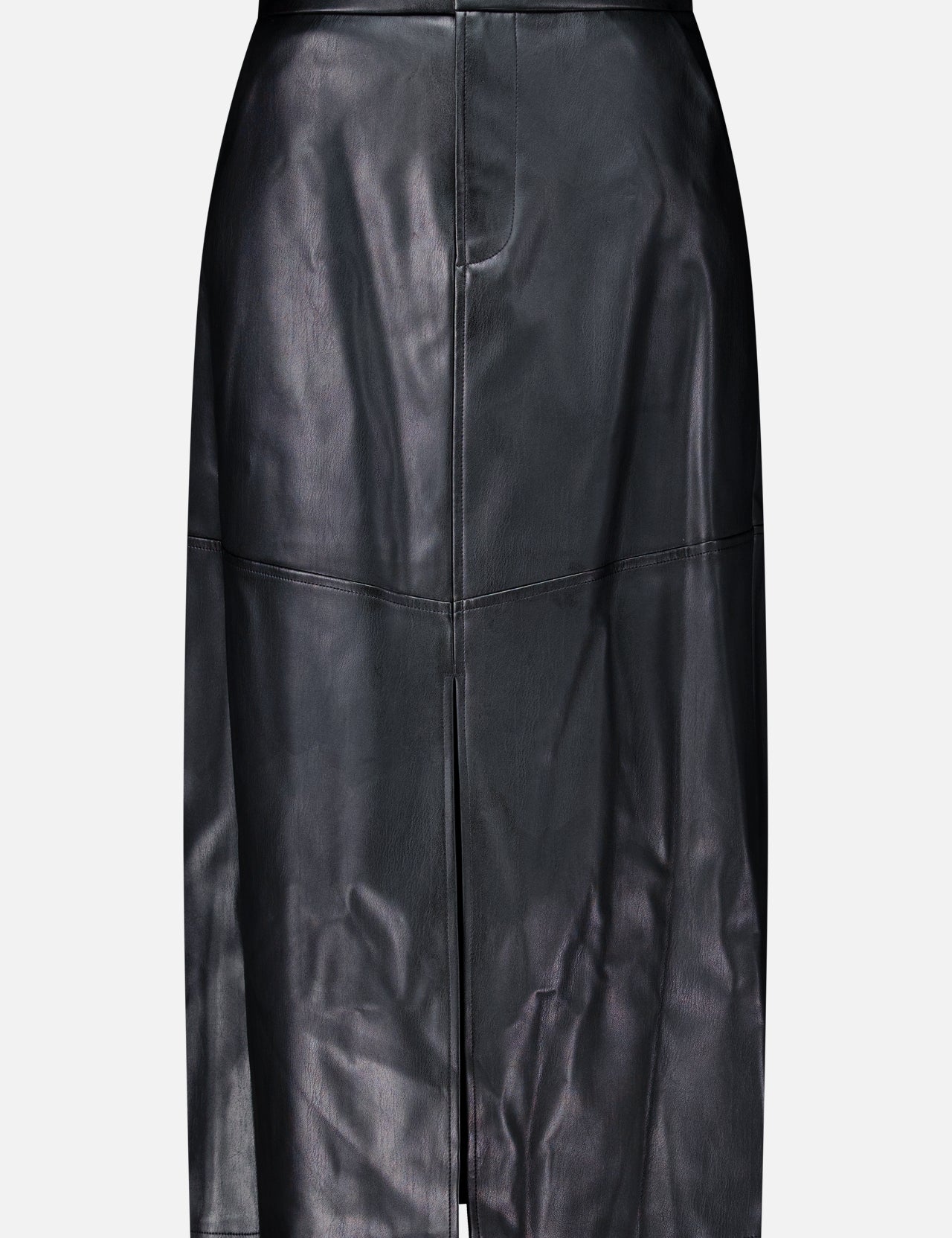 Black Robyn Aline Midi Skirt in vegan leather, featuring a high-waisted fit, a center front seam, and a front slit.