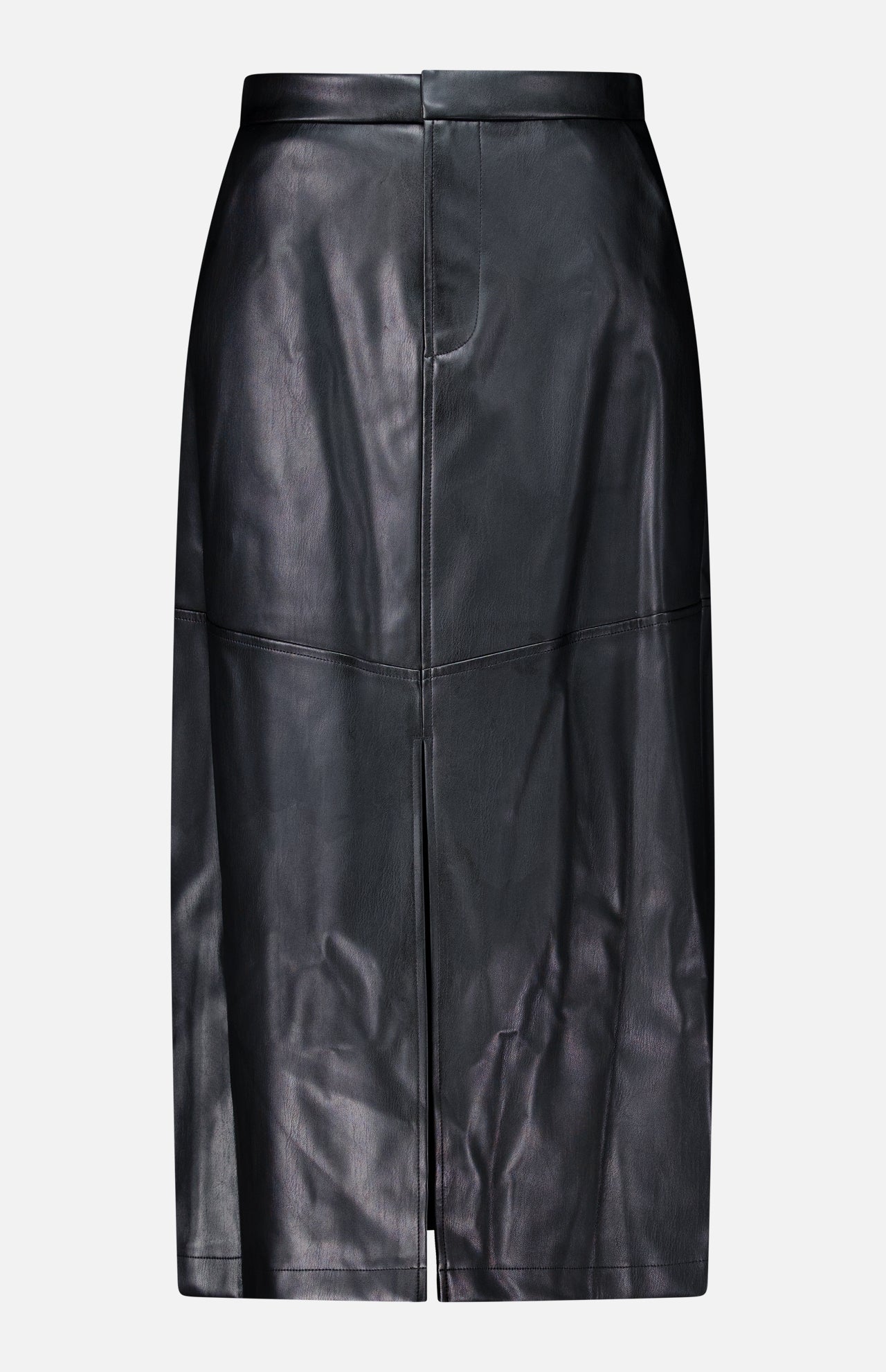Black Robyn Aline Midi Skirt in vegan leather, featuring a high-waisted fit, a center front seam, and a front slit.