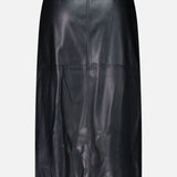 L’Agence Robyn Aline Midi Skirt in black vegan leather, featuring a high-waisted silhouette, center seam, and horizontal seam detail.