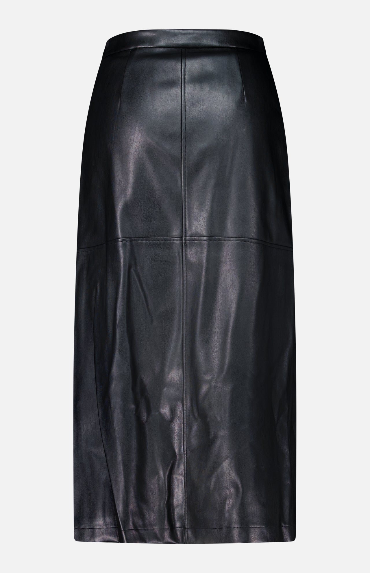 L’Agence Robyn Aline Midi Skirt in black vegan leather, featuring a high-waisted silhouette, center seam, and horizontal seam detail.